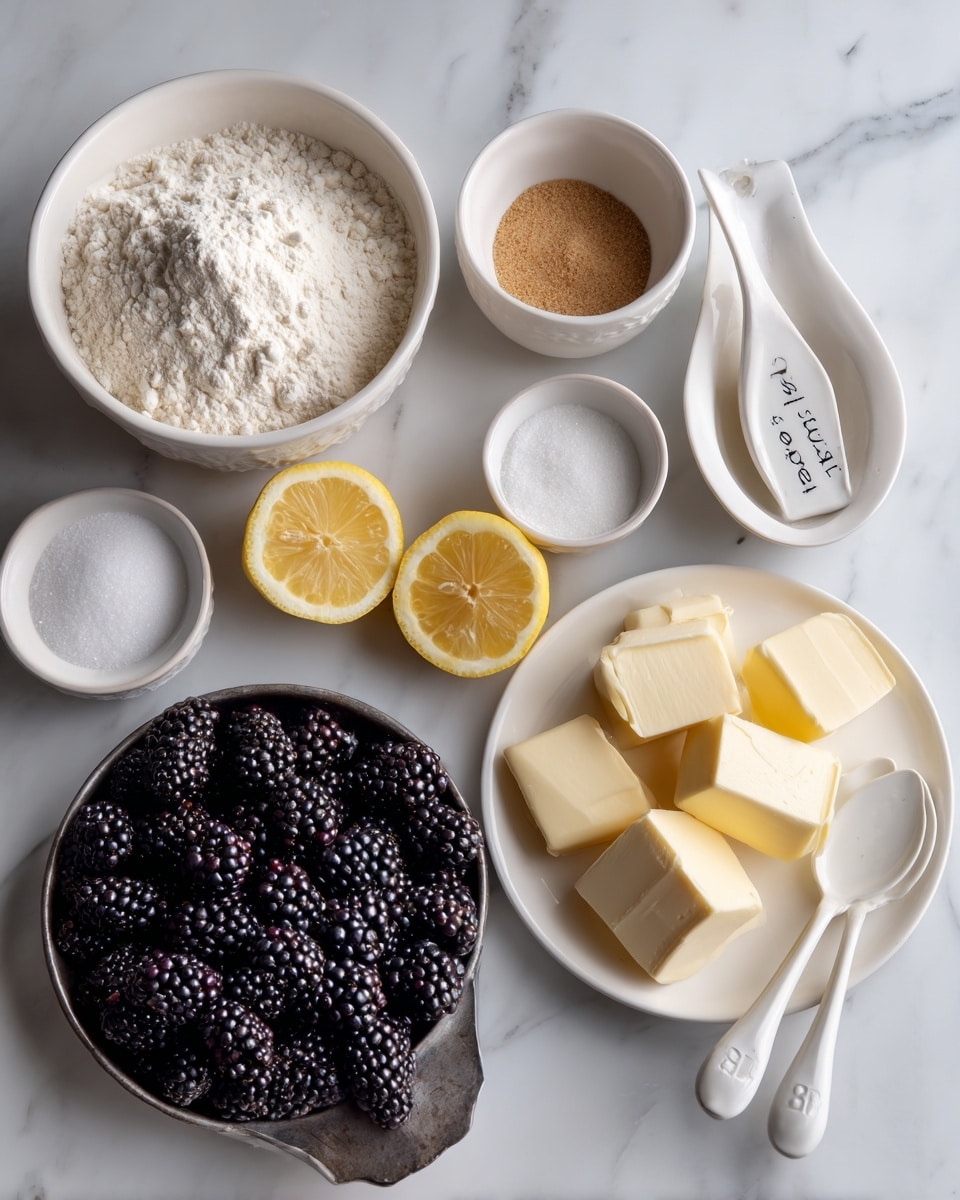 The image shows an arrangement of baking ingredients on a white marbled surface. There is a large white bowl filled with white flour at the top left, next to a small white bowl with brown sugar and another small white bowl with coarse salt and a white ceramic spoon labeled