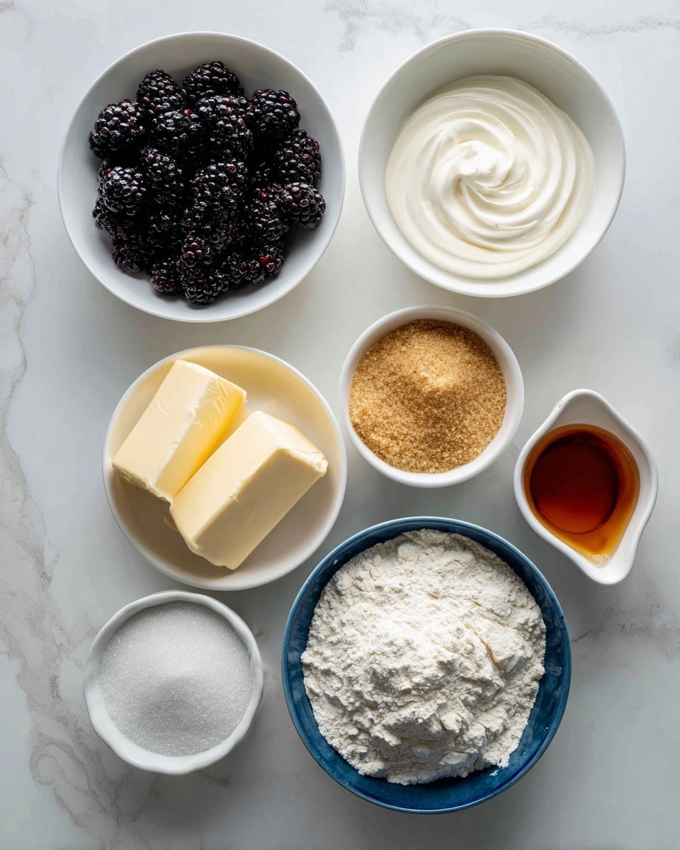A top view of seven white bowls with different cooking ingredients placed on a white marbled texture. Starting from the top left, the first bowl is filled with very dark blackberries with a shiny texture. To the right of it is a small white bowl with a swirl of white cream or yogurt. Next to it is a medium bowl filled with coarse light brown sugar. Below the sugar bowl, a small white bowl contains two thick pieces of pale yellow butter. To the bottom left corner, a small white bowl holds coarse white sugar. Next to it towards the bottom center is a blue bowl filled with a mound of white flour, and finally, there is a small white jug with amber-colored liquid, likely vanilla extract. All items are carefully arranged with clear separation on the white marbled surface. photo taken with an iphone --ar 4:5 --v 7