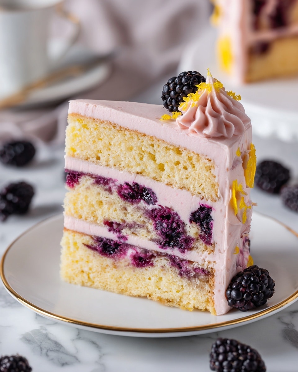 A slice of layered cake sits on a white plate with a thin gold edge, placed on a white marbled surface. The cake has three thick layers of light yellow sponge with visible swirls and pieces of dark purple-black blackberries baked inside. Between each sponge layer is a thick layer of smooth, light pink frosting dotted with whole blackberries for texture. The outside of the slice is coated with the same pink frosting, which is also piped in a small swirl on the side, topped with a fresh blackberry and a few yellow sprinkles. There are two blackberries placed on the white marbled surface near the plate, adding a fresh and natural touch. Photo taken with an iphone --ar 4:5 --v 7