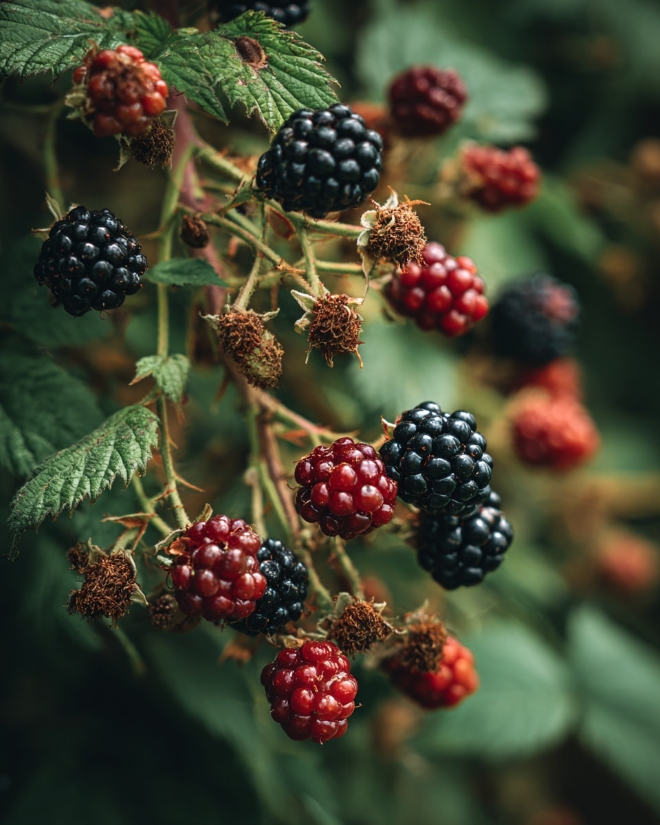 The image shows fresh blackberries on their thorny branches with green leaves around them. Some blackberries are ripe and black, shiny and plump, while others are red and not yet ripe. The branches have small thorns and some dried flower parts attached to the berries. The background is a soft green blur of more leaves, giving a natural feeling. The focus is on the blackberries and their detailed texture, with some light making the blackberries sparkle photo taken with an iphone --ar 4:5 --v 7