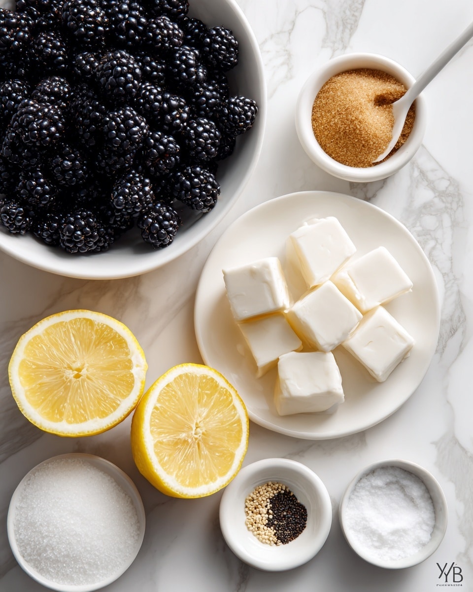 The image shows a top view of several white bowls and plates on a white marbled surface. In the bottom left, a large white bowl is full of fresh blackberries. Near the center, two halves of a lemon sit side by side, showing their bright yellow, juicy interior. To the right of the lemon halves, a white plate holds several irregular white cubes, likely soft cheese or butter. Above them, a small white bowl contains brown sugar, with a white spoon sticking out, and next to it, another white bowl has fine white salt. Another small white bowl holds a few seeds or spice near the lemon, and a small white dish with a tiny amount of powder is placed near the top right. Everything is neatly arranged with a clean and bright look. Photo taken with an iphone --ar 4:5 --v 7