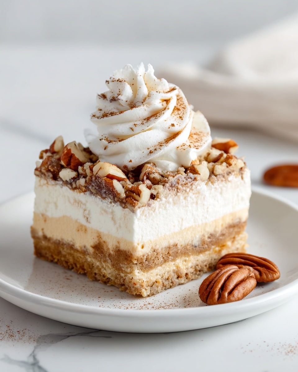 A square piece of crumbly pecan dessert sits on a white plate with a subtle embossed pattern. The dessert has three layers: the bottom layer is dense and golden brown, the middle layer is moist and soft with a slightly darker caramel tone, and the top layer is a crunchy pecan topping mixed with crumbly bits. On top, there is a swirl of white whipped cream sprinkled lightly with cinnamon. Two whole pecans rest beside the dessert on the plate. The plate is placed on a white marbled surface with a yellow cloth partially visible in the background. photo taken with an iphone --ar 4:5 --v 7