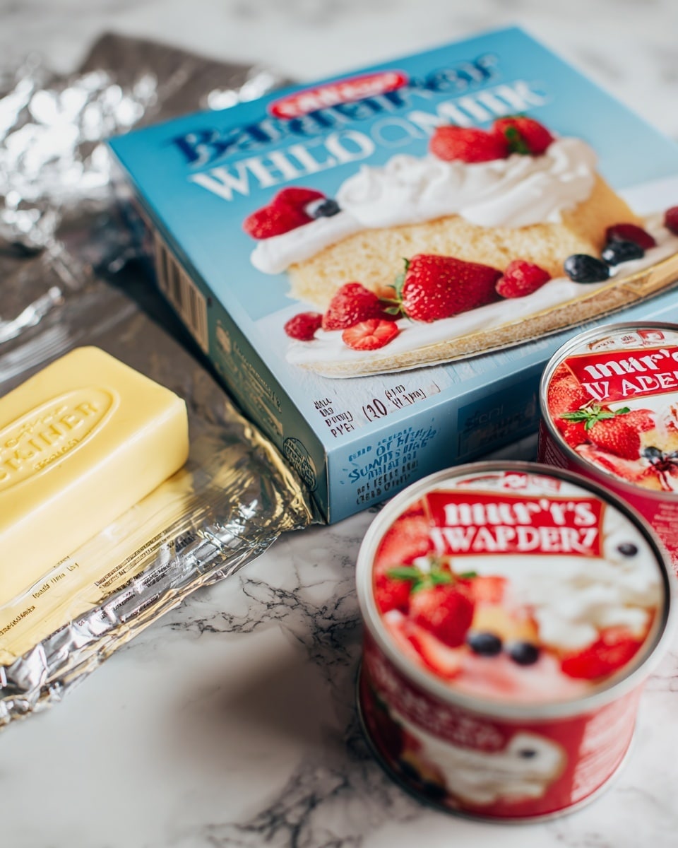 A close-up image of baking ingredients arranged on a white marbled surface, showing a bright blue box of Baker's Corner Classic White Cake Mix with a picture of a white cake slice with cream frosting and berries on the front; below and in front of the box are two red and white cans of Meijer strawberry pie filling and topping with images of a strawberry pie slice; a pale yellow stick of salted butter is placed to the left along with a silver foil wrapped package on the upper left side; the colors are bright and the packaging textures include smooth paper and shiny metal; the image has a soft natural light and a clear view of all items photo taken with an iphone --ar 4:5 --v 7