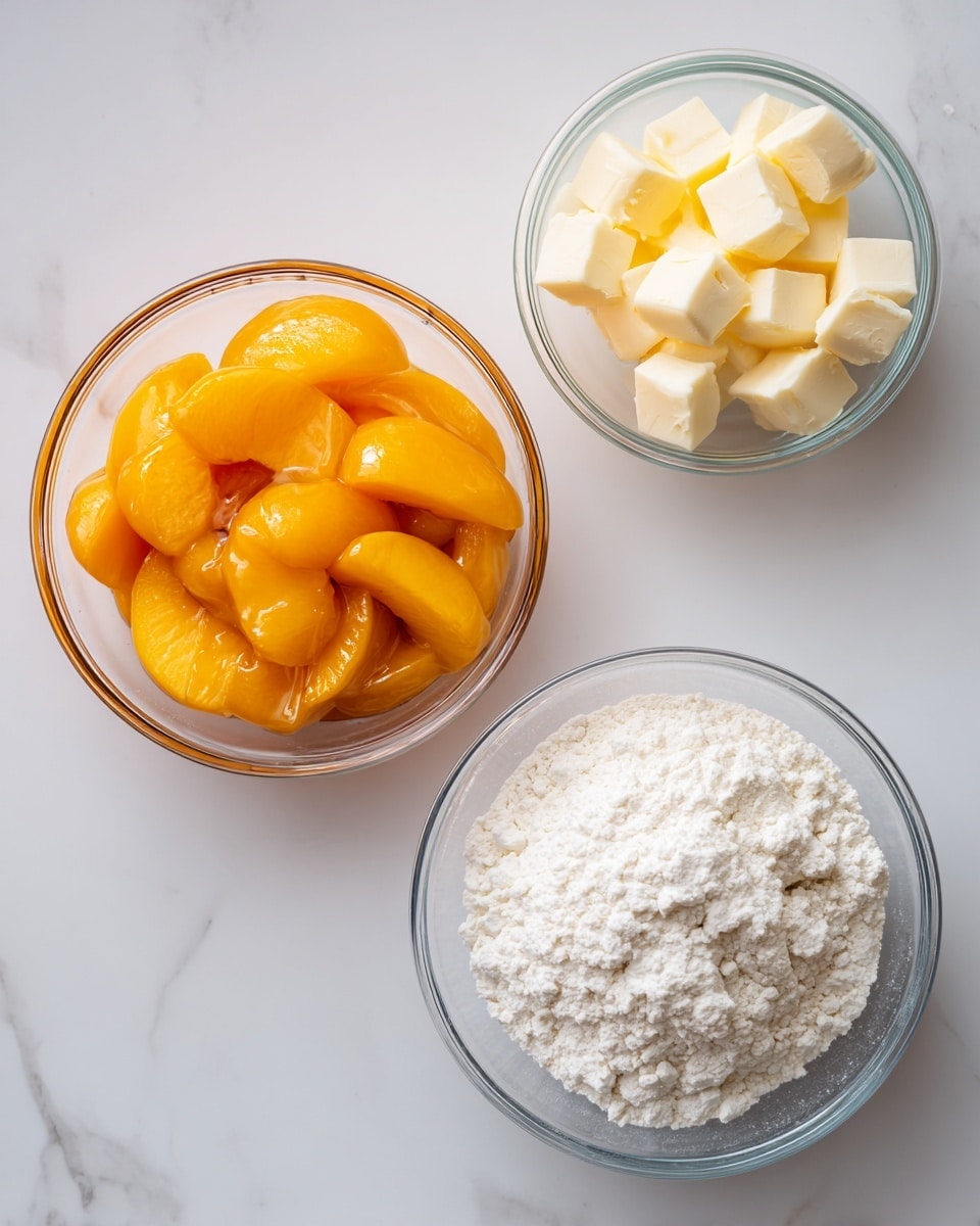 The image shows three clear glass bowls on a white marbled surface. The bowl on the left is filled with bright orange peach slices in syrup, with a shiny and juicy texture. In the top right, there is a smaller bowl filled with soft, pale yellow butter cut into small squares. Below it, on the right side, another bowl is filled with white flour, which looks powdery and fluffy, with a few small clumps on the surface. The bowls are spaced evenly and viewed from above, creating a clean and neat arrangement. photo taken with an iphone --ar 4:5 --v 7