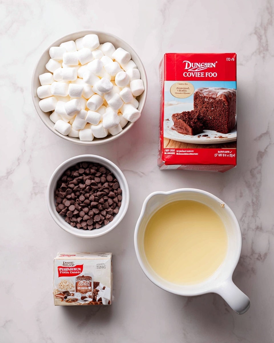 The image shows six items arranged neatly on a white marbled surface: a white bowl filled with mini marshmallows at the top left, a white bowl full of small chocolate chips below it, a red box of Duncan Hines Devil's Food cake mix to the right with a picture of a chocolate cake slice, a white cup filled with yellowish butter melted at the top right, a white measuring cup holding a creamy white liquid at the bottom left, and a small box of chocolate Jell-O pudding mix placed near the center bottom. All items are organized in an orderly way with clear visibility. Photo taken with an iphone --ar 4:5 --v 7