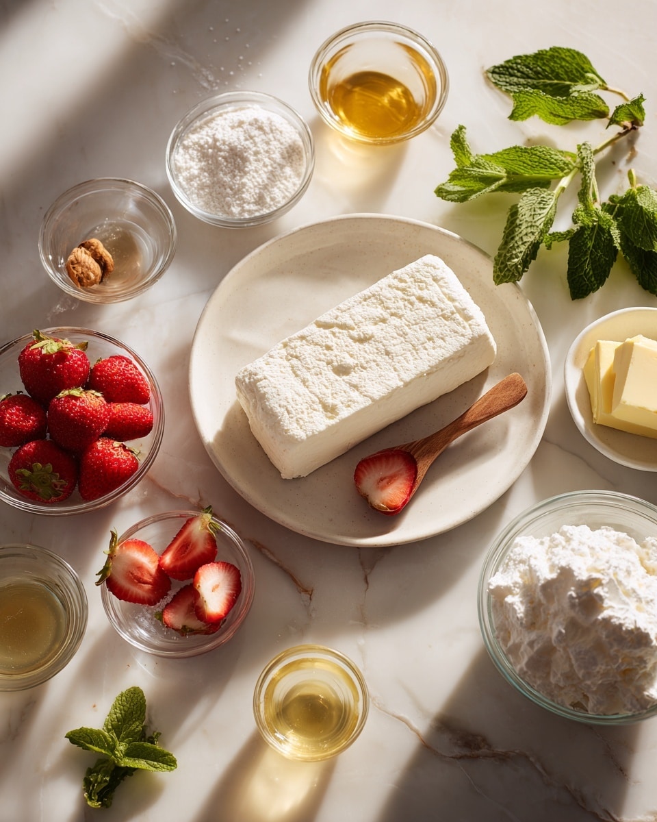 The image shows ingredients for a dessert arranged on a white marbled surface. In the center, there is a white plate with a thick, rectangular block of white cream cheese with a slightly soft texture on top. Surrounding it are two small clear bowls of bright red strawberries, a small wooden spoon with white powder, a glass bowl with fine white powder, a clear cup of light golden liquid, a small white dish with pale yellow butter, a small glass cup with a darker golden liquid, and a glass container with fluffy white whipped cream. On the top right, there are fresh green mint leaves adding a touch of color. The lighting is soft with shadows adding depth. Photo taken with an iphone --ar 4:5 --v 7