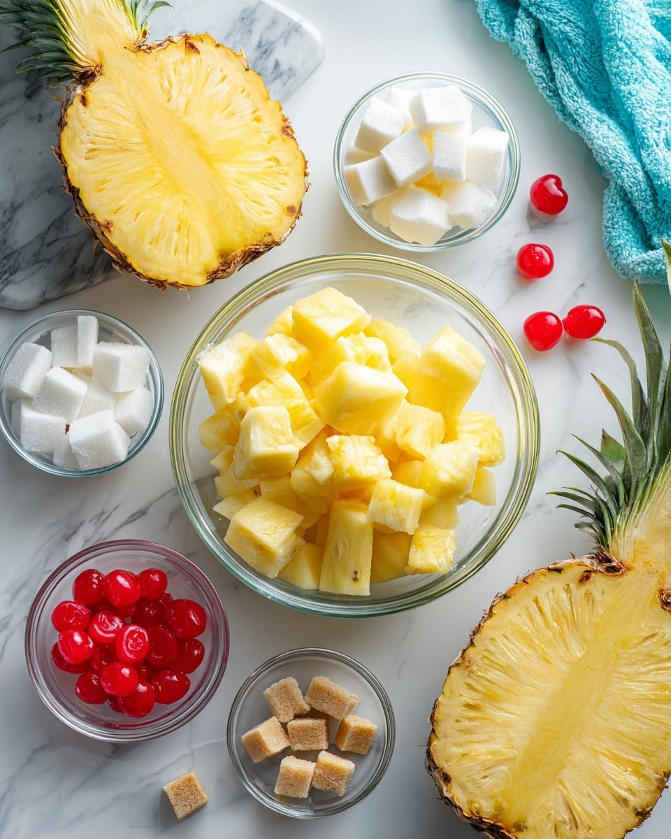 The image shows a white marbled surface with a sliced pineapple half at the top left and a whole pineapple at the bottom right. In the center, there is a clear glass bowl filled with chopped pineapple chunks. Surrounding it are five smaller clear glass bowls: one with bright red maraschino cherries, one with white sugar, one with small white butter cubes, and one with brown sugar. Scattered around the bowls are a few loose cherries and pineapple pieces, and a folded blue cloth is positioned at the top right corner. The colors are bright and vibrant, focusing on yellow, red, white, and green tones. photo taken with an iphone --ar 4:5 --v 7