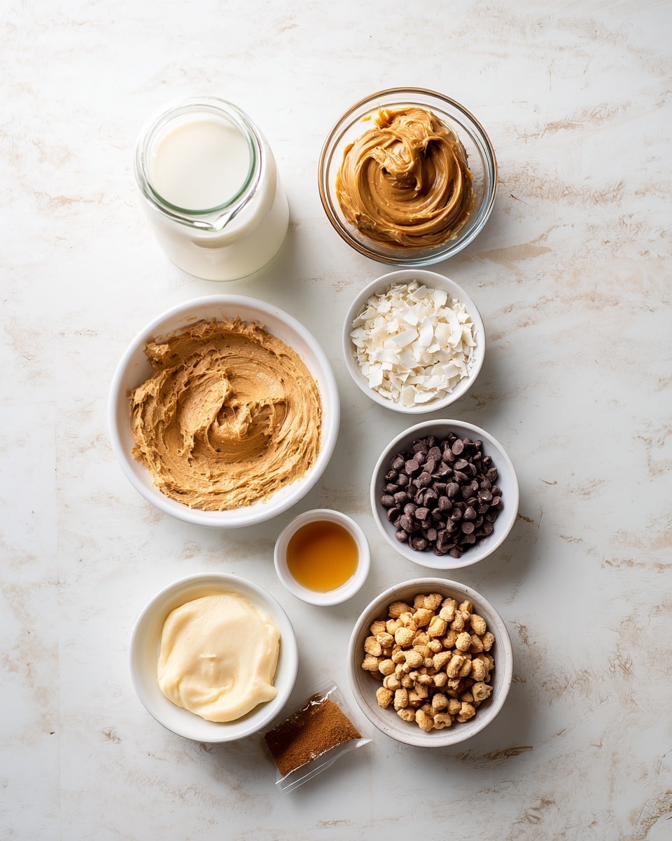 The image shows ingredients arranged on a white marbled surface. At the top, there is a glass jug filled with white milk and next to it a clear glass bowl with brown peanut butter. Below them, there are two small white bowls filled with white coconut flakes and small brown peanut pieces on the left, and dark chocolate chips on the right. Below the bowls, centered, is a small white bowl with a light brown liquid, likely vanilla extract. On the left side, there is a larger white bowl filled with a smooth mixture, light brown with a powdery texture resembling peanut butter powder mixed with liquid. To the right of the bowl, there is a sealed plastic packet containing some brown powder. At the bottom left, a larger white bowl contains a creamy pale yellow mixture. The items are arranged neatly in rows on the clean white marbled surface, with soft natural light illuminating the setup. photo taken with an iphone --ar 4:5 --v 7