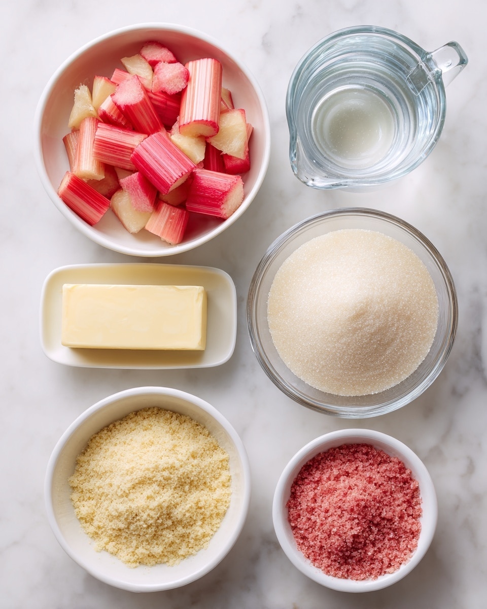 The image shows six containers arranged neatly on a white marbled surface. In the top left, a white bowl is filled with chopped rhubarb, showing bright pink and pale yellow colors with a rough texture. Next to it on the right, a round bowl holds fine white granulated sugar with a slight swirl on top. To the right of that is a clear glass measuring cup filled with water. Below the rhubarb bowl, a small white dish contains a rectangular piece of pale yellow butter with a smooth texture. At the center bottom, another white bowl is filled with a light yellow powder that has a soft, fluffy texture and a swirl on the surface. Lastly, in the bottom right corner, a small white bowl holds a reddish-pink granular powder with a textured swirl. Photo taken with an iphone --ar 4:5 --v 7