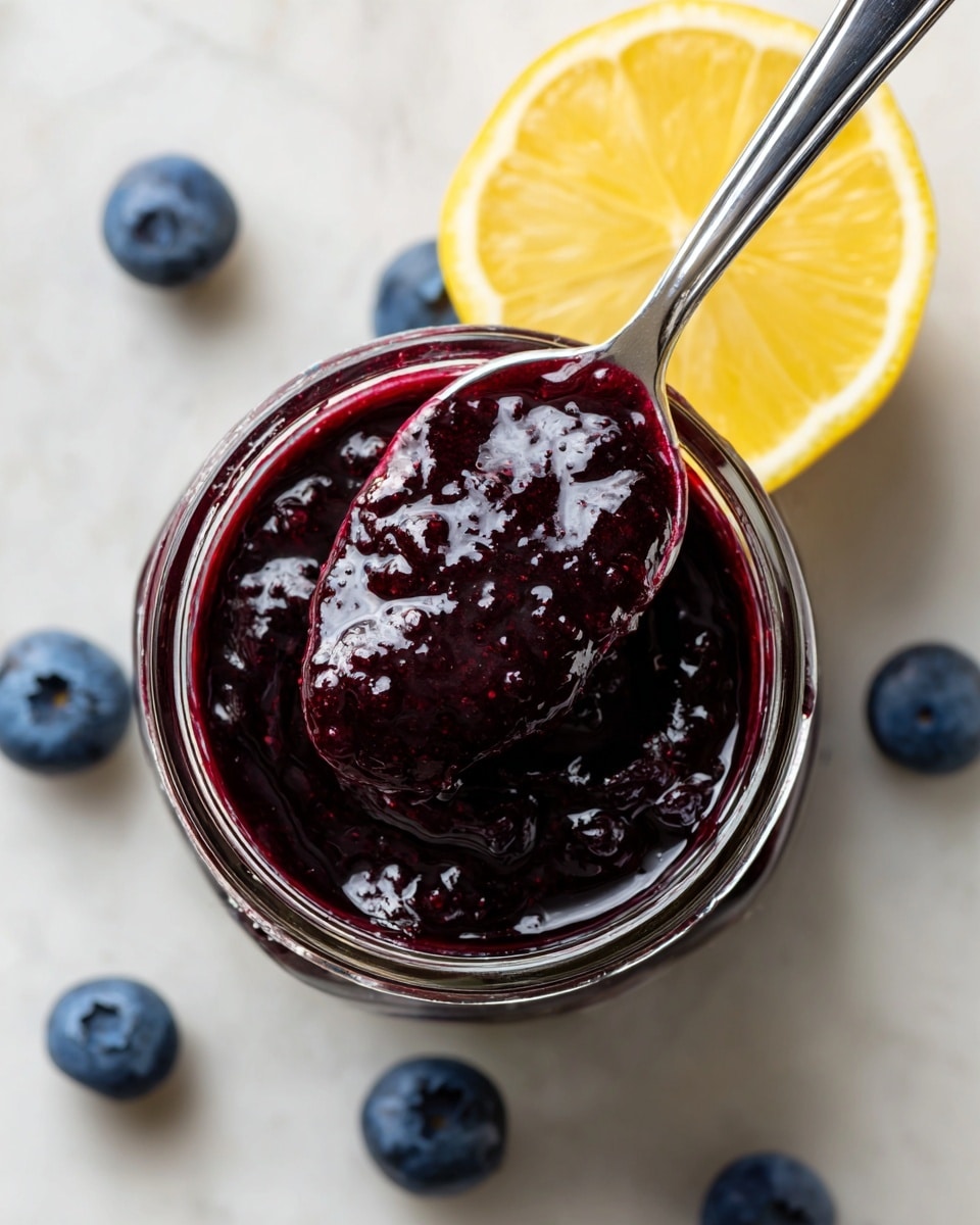 A clear glass jar is filled with a dark purple, smooth blueberry sauce that has a shiny texture. A silver and black spoon lifts a small amount of the sauce above the jar, showing its thick and glossy quality. Around the jar, there are a few scattered fresh blueberries and a half lemon with a bright yellow color on a white marbled surface. The overall scene is bright and clean, focusing closely on the jar and spoon. photo taken with an iphone --ar 4:5 --v 7