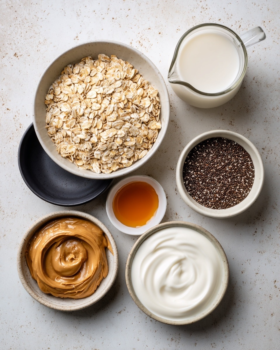 The image shows seven small white bowls and a clear glass pitcher arranged on a white marbled surface. The largest white bowl in the center is filled with light beige rolled oats with a rough texture. To its upper right is a glass pitcher filled with white milk. Above the cereal bowl to the right is a small white bowl holding dark brown chia seeds with a bumpy texture. Next to it on the left is an empty black bowl with a matte finish. Below the chia seeds bowl to the right is a small white bowl with amber-colored syrup, smooth and slightly thick. Near the bottom right is a white bowl filled with thick, white yogurt, showing smooth swirled texture. To the left of this yogurt bowl is a small white bowl with orange liquid, likely syrup or oil. Above this bowl on the left is a small white bowl containing creamy, light brown chocolate spread with a smooth swirled surface. photo taken with an iphone --ar 4:5 --v 7