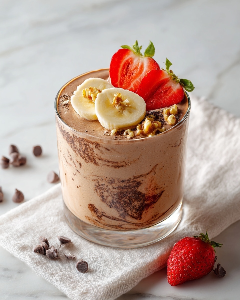 A clear glass shows a dessert with two main layers: a thick dark brown layer at the bottom and a lighter brown creamy layer above it with visible small black seeds mixed in. The top is decorated with three pale yellow banana slices on one side, sprinkled with small brown nuts and dark brown chocolate chips, and two red strawberry halves with green leafy tops on the other side. The glass is placed on a soft white cloth on a white marbled surface, with a few dark chocolate chips scattered around, and another similar glass blurred in the background. photo taken with an iphone --ar 4:5 --v 7
