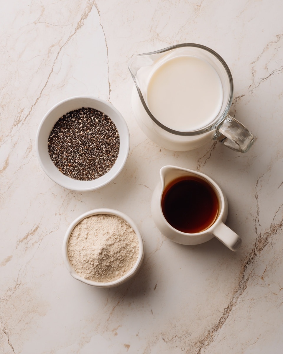 The image shows four containers with different ingredients placed on a white marbled surface. In the top right, there is a clear glass pitcher filled with white milk. To the left of the pitcher is a white bowl filled with black and white chia seeds. Below the chia seeds, there is a white measuring cup filled with a light beige powder, likely yeast. To the right of the measuring cup, there is a small white pitcher filled with dark brown liquid, likely syrup. The containers are arranged loosely in a square shape with space between them. Photo taken with an iphone --ar 4:5 --v 7