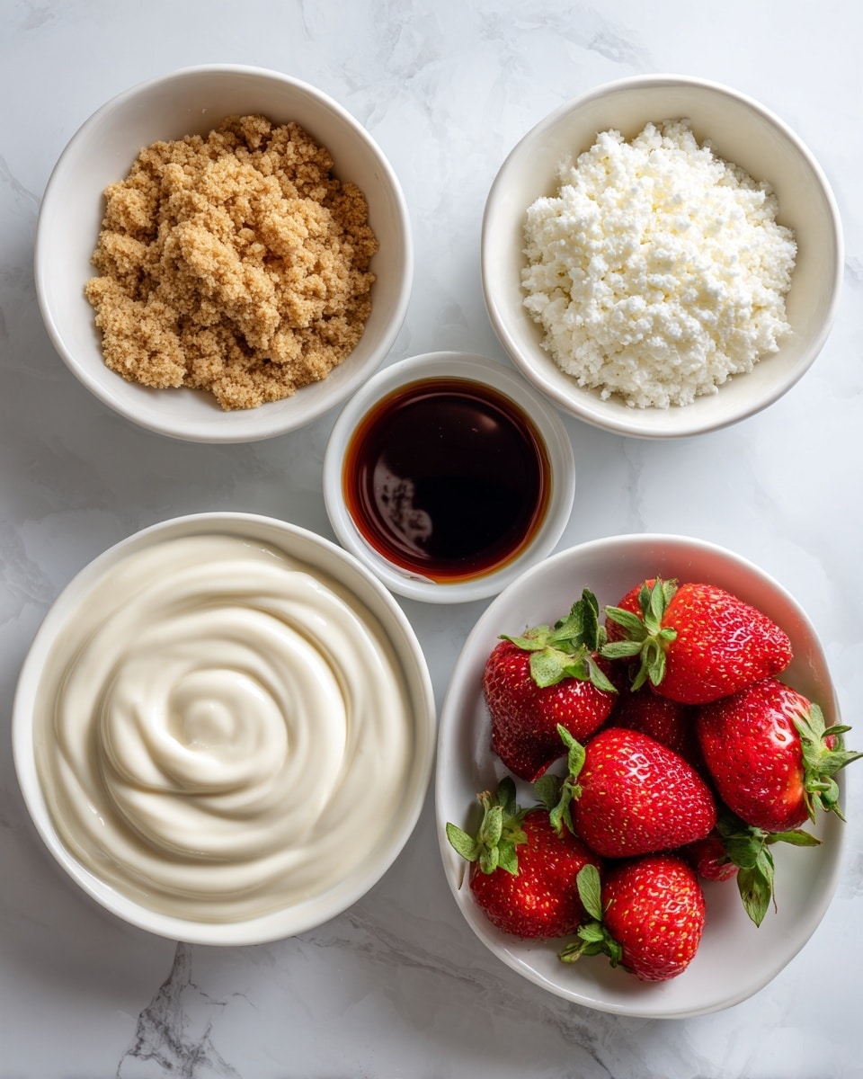 The image shows five white bowls arranged on a white marbled surface. The top left bowl contains crumbled light brown biscuit crumbs with a rough texture. At the top right is a bowl filled with white, grainy cottage cheese. Below that is a small white bowl holding dark brown syrup. To the right of the syrup is a bowl filled with fresh, bright red strawberries with green leaves. At the bottom left is a larger bowl with smooth, creamy white yogurt swirled in a circular pattern. Photo taken with an iphone --ar 4:5 --v 7