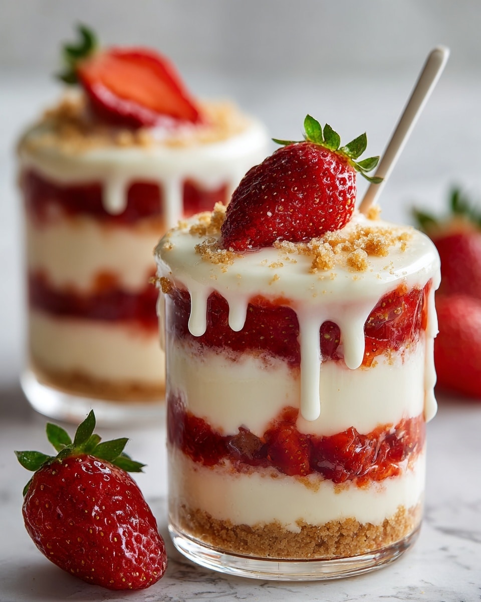 Two clear glass cups hold a dessert with four distinct layers. The bottom layer is light brown crumbly biscuit base. Above that is a thick, smooth white cream layer. The third layer is a mix of small red chopped strawberries giving a juicy texture. Then another thin layer of biscuit crumb sits on top before a final thick layer of white cream covers it, dripping slightly down the sides. The dessert is topped with two fresh strawberries, one whole and one sliced in half. Two silver spoons stand upright in the cups. The setting is a white marbled surface with soft lighting. photo taken with an iphone --ar 4:5 --v 7
