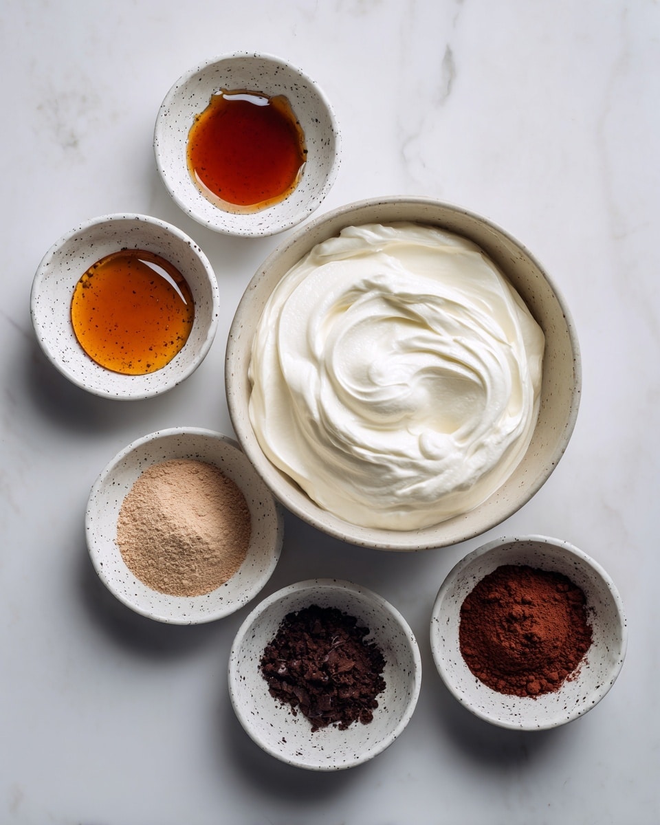 A top view of five bowls on a white marbled surface, with the largest bowl in the center filled with smooth, white airy cream showing gentle swirls. Around it are four small white bowls with black speckles: the top left has amber-colored honey, the top right has a small amount of dark amber liquid, the bottom left contains a light brown powdery substance, and the bottom right has a fine dark brown cocoa powder. The bowls are neatly arranged with space between them, creating a clean and simple layout. photo taken with an iphone --ar 4:5 --v 7