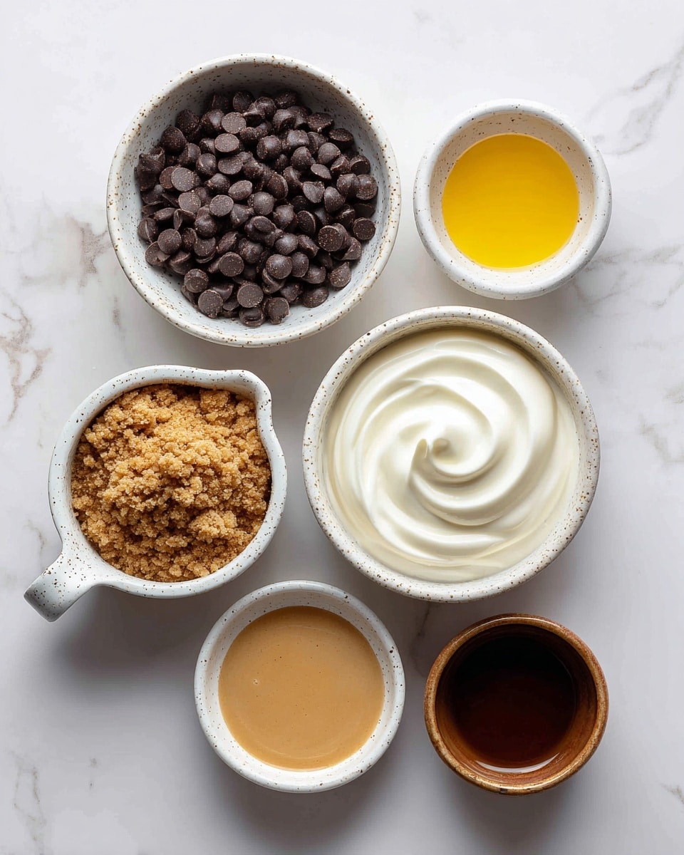 Several small white speckled bowls are arranged on a white marbled surface. The top left bowl is filled with many dark chocolate chips, smooth and round. Below it, a large bowl holds creamy white yogurt with soft swirling textures on the surface. To the left of the yogurt, a small cup with a handle is full of finely ground crumbly biscuit crumbs in a light brown shade. On the right side of the yogurt is a tiny empty bowl with speckles. Above it, a bowl contains bright yellow melted butter with a smooth, shiny texture. Below the empty bowl, a small white bowl holds a creamy tan sauce. Lastly, at the bottom right, a brown bowl is filled with a thick dark brown syrup. photo taken with an iphone --ar 4:5 --v 7