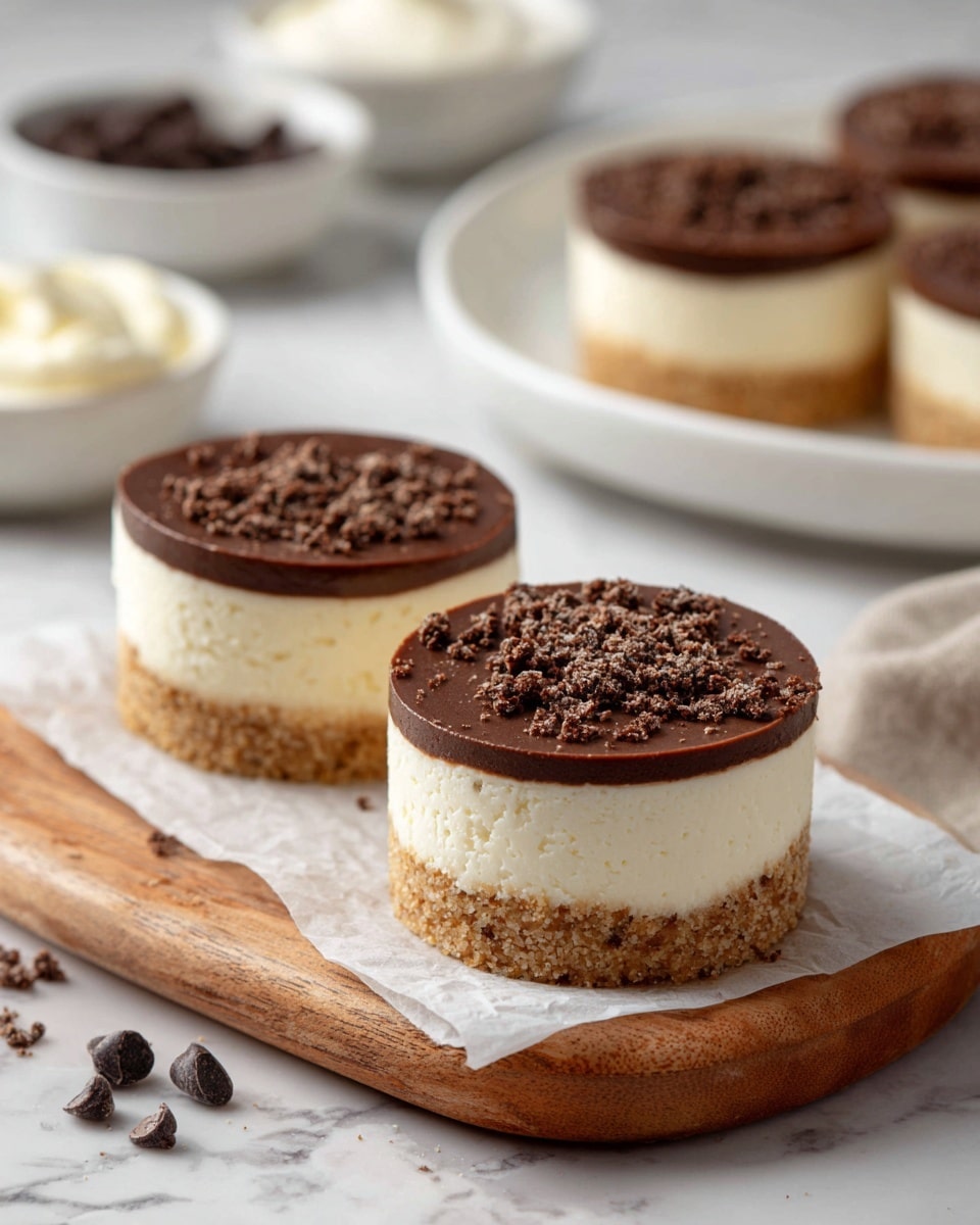 The image shows small round desserts with three clear layers: the bottom layer is a crumbly light brown crust, the middle layer is thick and creamy white, and the top layer is a smooth dark chocolate disk with light brown crumbs sprinkled over it. Two desserts are placed on white parchment paper on a light wooden board in front, while others are seen blurred in the background on a small white plate. Around the desserts are small bowls holding ingredients like crumbs, white cream, and dark chocolate chips. The scene is set on a white marbled surface. Photo taken with an iphone --ar 4:5 --v 7