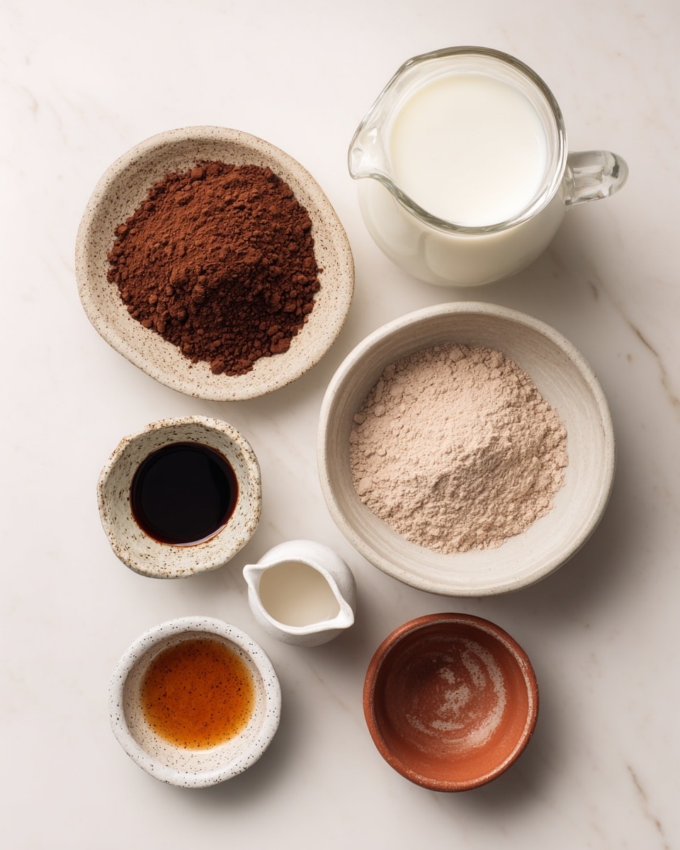 The image shows six containers of ingredients placed on a smooth white marbled surface. At the top center, there is a transparent glass jug filled with white milk. To the left of the jug, there is a small round white bowl filled with brown cocoa powder. Below the jug on the right side, there is a larger white bowl with a heaping pile of light brown powder. Below the cocoa powder bowl, there is a small white spouted container holding a dark liquid, likely vanilla or syrup. To the bottom left, there is a white speckled small bowl with a small amount of amber liquid. On the bottom right, there is a small empty terracotta bowl with traces of white powder inside. All containers stand out against the clean light background. Photo taken with an iphone --ar 4:5 --v 7