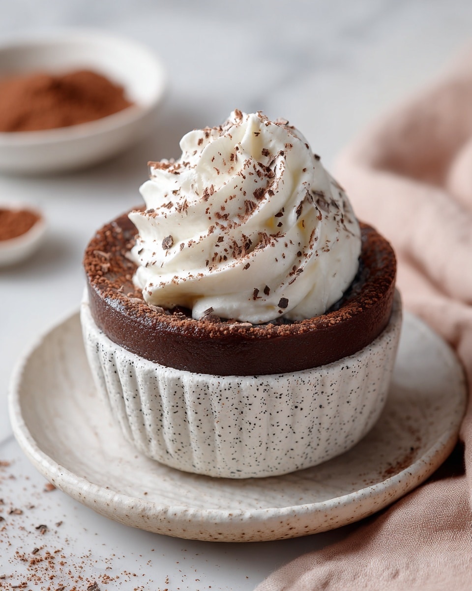 A white speckled ceramic cup filled with thick, smooth brown hot chocolate fills most of the frame. On top is a generous swirl of white whipped cream, sprinkled lightly with cocoa powder. The cup sits on a matching white speckled plate with a subtle ridged edge, all placed on a soft pink textured cloth on a white marbled surface. In the background, slightly out of focus, is a bowl of cocoa powder and a glass of milk. The colors are soft and warm, creating a cozy feeling. photo taken with an iphone --ar 4:5 --v 7