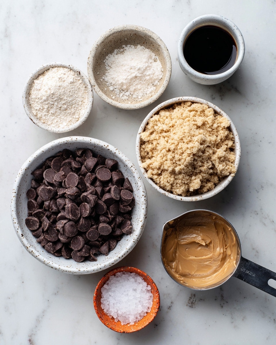 The image shows six containers with different ingredients arranged on a white marbled surface. The biggest container is a white speckled bowl filled with dark brown chocolate chips, placed near the center bottom. Above and slightly to the right of it, there is a white speckled bowl holding a crumbly, light tan powder. Near the top right corner, a small white speckled cup contains a dark liquid. Below it is a tiny white speckled dish filled with white salt crystals. At the bottom right, a metal measuring cup holds a smooth, light brown creamy substance. Near the left side is an empty small orange dish with white speckles. photo taken with an iphone --ar 4:5 --v 7