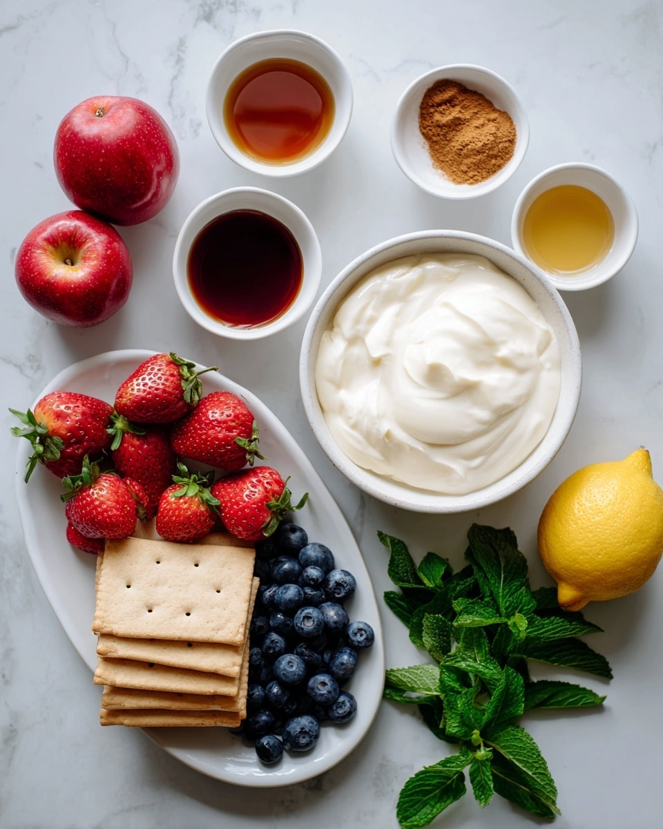 The image shows a white bowl filled with thick white yogurt on a white marbled surface. Above it are three small white bowls with different ingredients: one with brown cinnamon powder, one with a dark brown syrup, and one with a light brown vanilla liquid. Below and to the left is a white oval plate that holds two red apples, several bright red strawberries with green leaves, fresh blueberries, and a stack of light brown rectangular graham crackers with small holes. To the right of the plate, there is a whole yellow lemon and a bunch of fresh green mint leaves spread on the white marbled surface. The scene is well lit, showing vivid natural colors. photo taken with an iphone --ar 4:5 --v 7