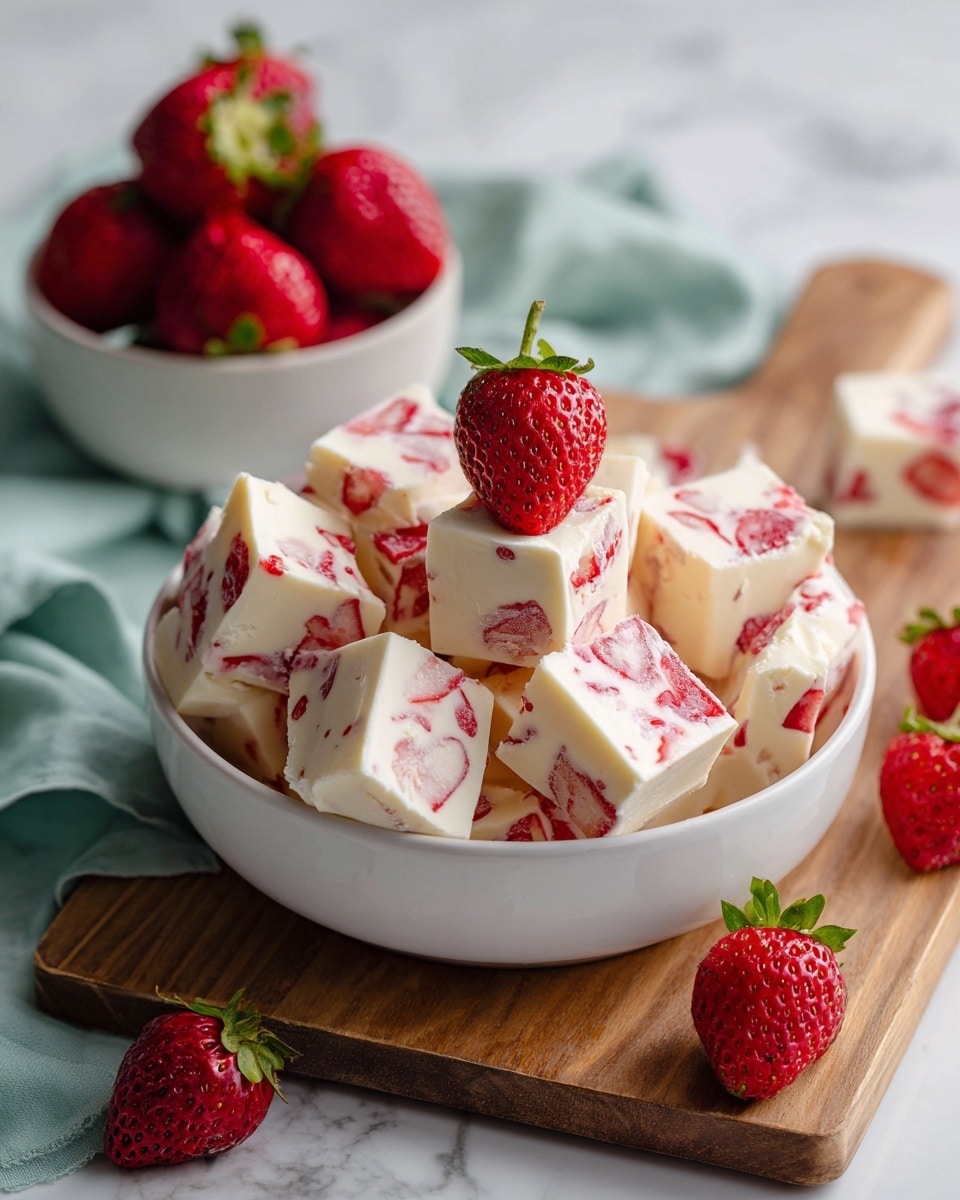 A white bowl holds several square white frozen yogurt pieces with bits of red strawberries mixed inside and topped with whole strawberries, showing a soft and creamy texture with bright red and green colors. Next to it, there is a smaller white bowl filled with fresh whole strawberries. Both bowls rest on a wooden board, placed over a white marbled surface with a light green cloth nearby. photo taken with an iphone --ar 4:5 --v 7