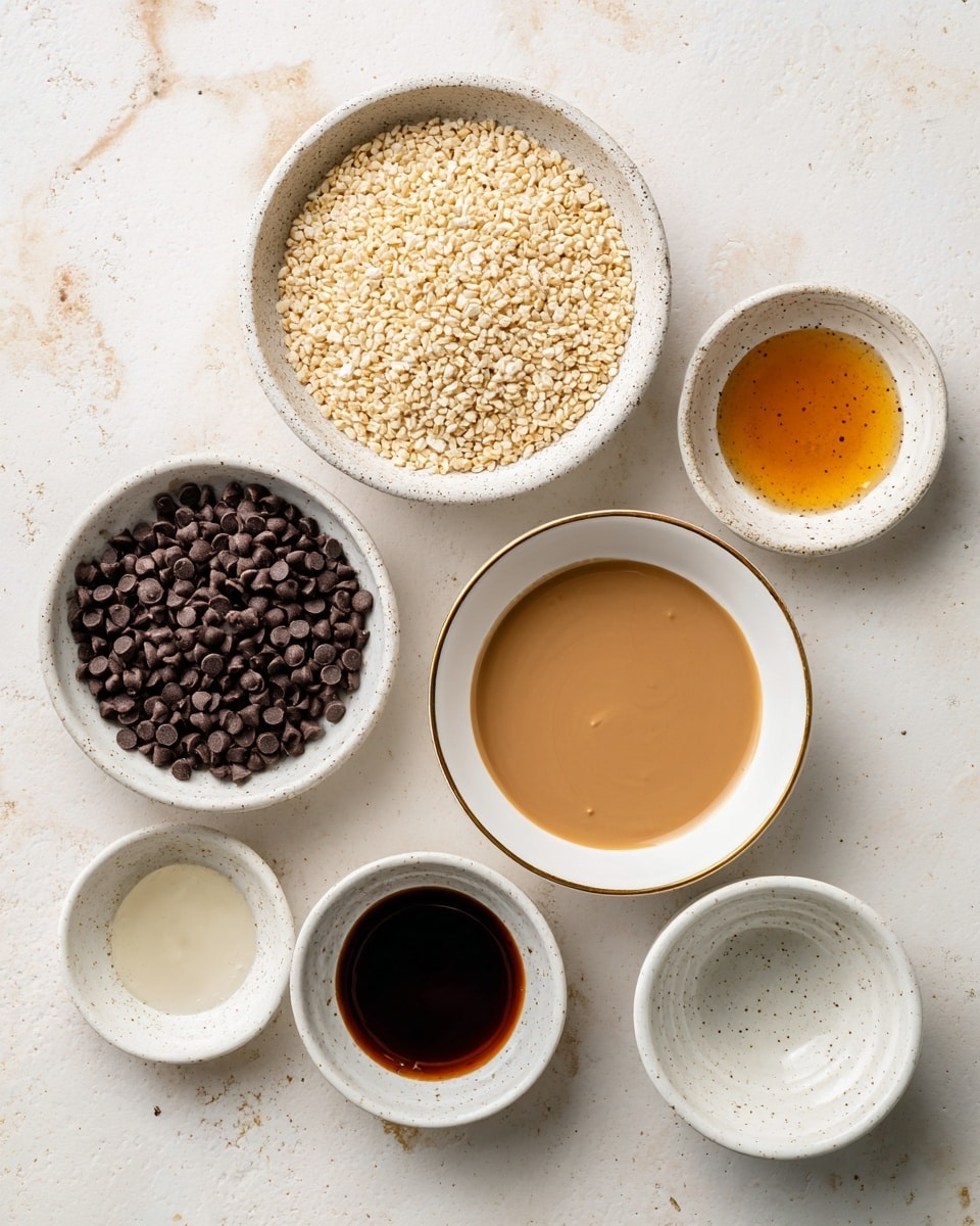 The image shows six bowls with different ingredients arranged on a white marbled surface. At the top left, there is a white speckled bowl filled with light beige puffed rice. Below it, another white speckled bowl holds small round dark chocolate chips. To the right of the puffed rice, a white bowl with a thin gold rim is filled with a smooth light brown creamy mixture. Below the chocolate chips, a white speckled bowl contains thick, golden honey. Next to the honey, a small plain white bowl is filled with clear liquid. Above the white bowl with clear liquid, there is a small white speckled bowl holding a small amount of dark brown vanilla extract. Finally, an empty white speckled bowl is positioned at the bottom right corner. The colors and textures are simple and clean, and the bowls are spread evenly with visible shadows. Photo taken with an iphone --ar 4:5 --v 7