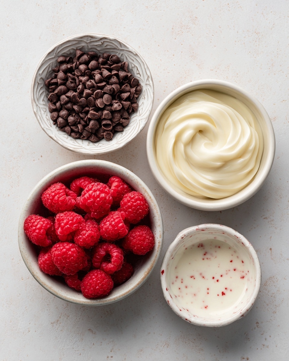 The image shows four bowls placed on a white marbled surface. The top left bowl is white with a carved pattern and filled with small, dark brown chocolate chips. The bottom left bowl is white, smooth, and filled with bright red raspberries, showing their bumpy texture. The top right bowl is white with small red specks and filled with a smooth, creamy white substance swirled at the top. The bottom right bowl is small, white, and empty with visible textures and slight specks of white paint. Photo taken with an iphone --ar 4:5 --v 7