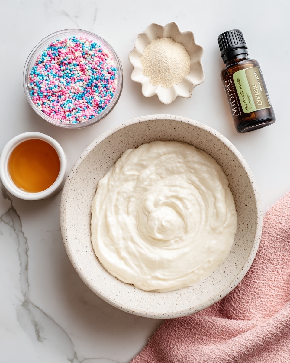 The image shows a white speckled bowl filled with thick white cream at the center. To the right of the bowl, there is a small pile of light beige powder placed in a flower-shaped container and a brown glass bottle with a green cap labeled vanilla extract. Below the bowl, there is a small white cup filled with amber-colored liquid and next to it, a clear container with a yellow band at the top filled with colorful sprinkles in pink, blue, white, and gold. On the bottom right side of the image, there is a folded pink cloth, all placed on a white marbled surface. Photo taken with an iphone --ar 4:5 --v 7