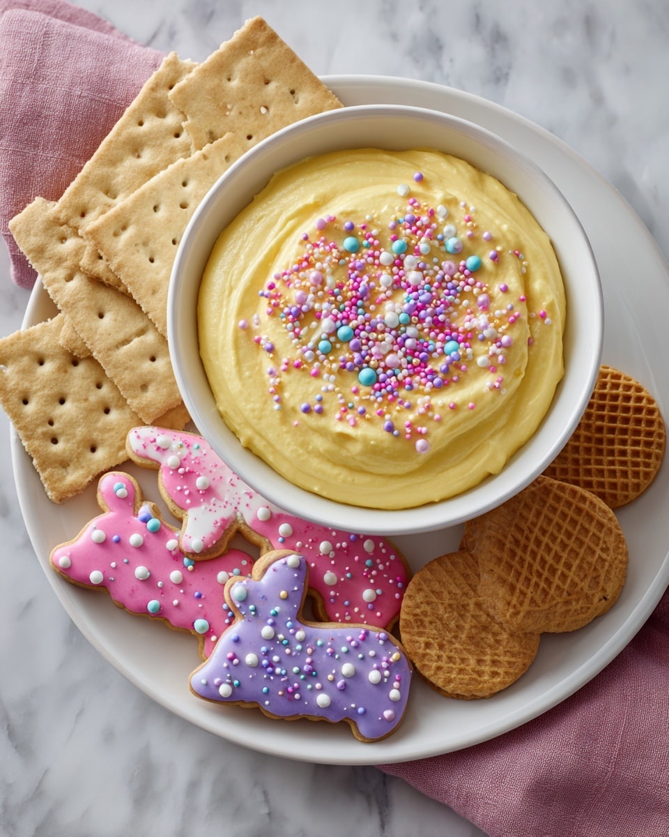 A white bowl filled with creamy white dip topped with small pastel-colored sprinkles is placed on a white plate. Around the bowl are several layers of snacks: beige rectangular crackers with small holes on the left side, round light brown waffle-patterned cookies in the middle, and white and pink animal-shaped cookies with colorful sprinkles at the bottom. The plate rests on a white marbled surface with a pink cloth visible in the lower right corner. Photo taken with an iphone --ar 4:5 --v 7
