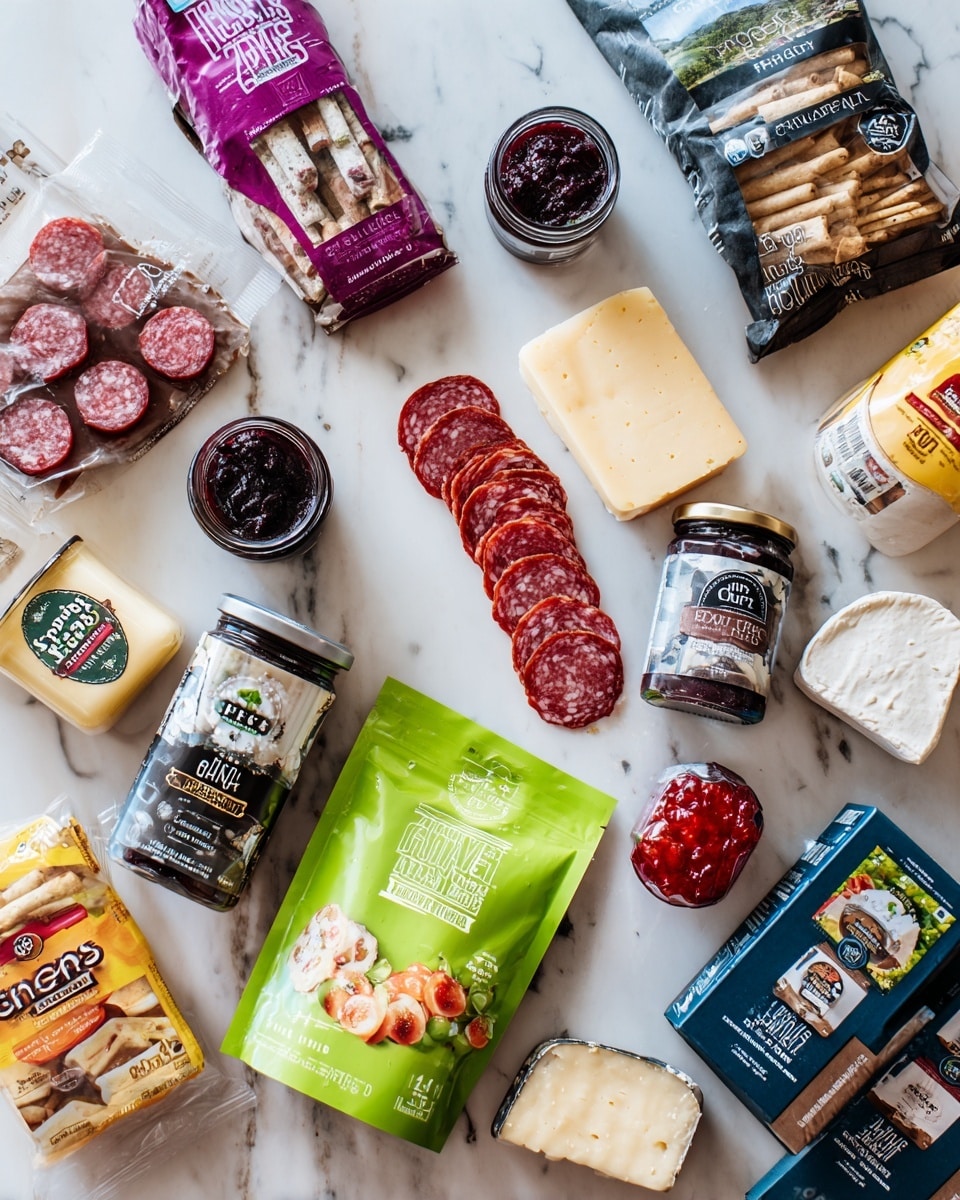 The image shows a variety of packaged snacks and deli items arranged on a white marbled surface, including two packs of sliced tapas trio meats with reddish and pink tones, a pack of chorizo bites with dark red sausage pieces, a jar of dark purple fig jam, a smooth pale tan block of old-fashioned liver pâté, a pack of black pepper salami slices with a marbled red and white appearance, two bright green and light green bags of Harvest Snaps snacks, three types of cheese in wedges and blocks with yellow and off-white colors, a small tub of white Boursin cheese, a jar of bright red pepper jelly, and three dark blue boxes of cheese crisps, cheese sticks, and double baked snacks with images of the products on the packaging. The items are placed casually but clearly displayed. photo taken with an iphone --ar 4:5 --v 7