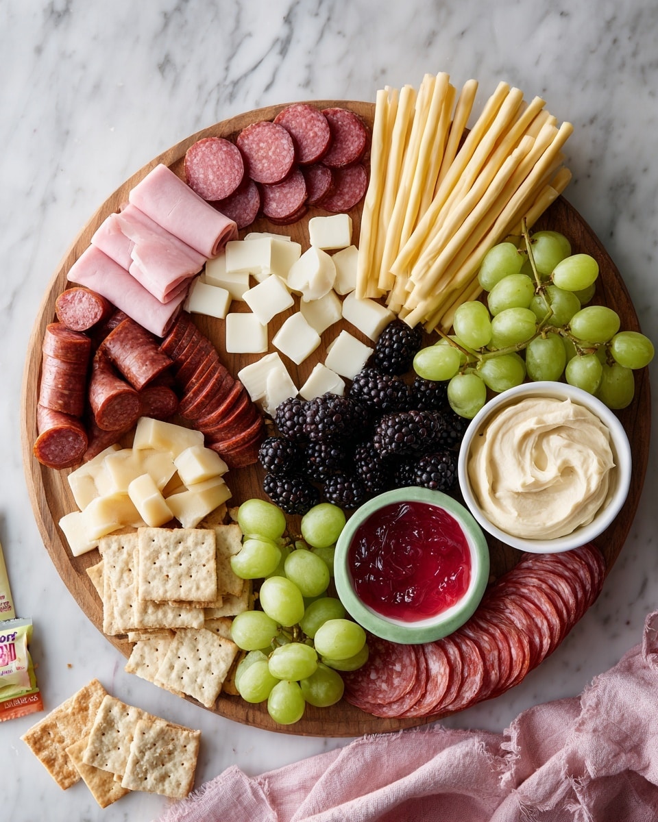 A wooden board on a white marbled surface holds a colorful charcuterie arrangement. From the top left, there is a layer of red and white sliced salami next to thin sticks of orange and white cheese. Below are small cubes of white cheese beside dark red mini sausages. In the center, a pile of blackberries creates a dark purple cluster. To the right of the blackberries, there are folded light pink slices of meat beside two small bowls: one with a light beige spread and one with a creamy white dip in foil. Surrounding these are bunches of green grapes and small cubes of light yellow cheese scattered near the bottom right. At the bottom center, a ring of folded red pepperoni slices encircles a small white bowl filled with bright red jelly. The white marbled surface also holds a green bowl with snacks, a pink cloth, and a container of red pepper jelly. photo taken with an iphone --ar 4:5 --v 7
