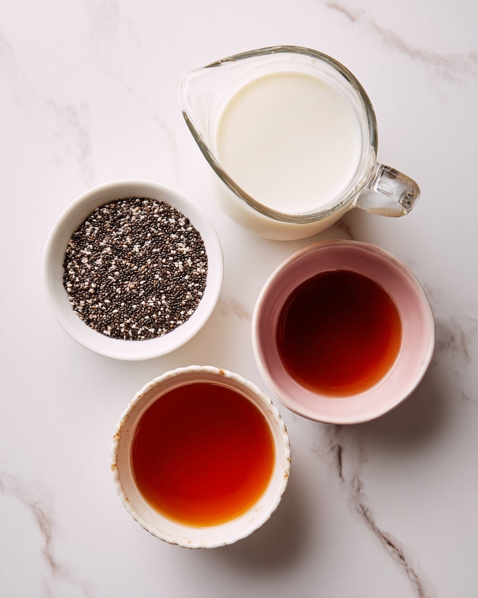 The image shows four small containers on a white marbled surface. At the top right, there is a clear glass measuring jug filled with white milk. Below it, to the left, there is a white measuring cup holding small black and white chia seeds. To the right of the chia seeds is a light pink bowl filled with a dark amber liquid, and below it, a darker pink bowl contains a reddish liquid. All containers are neatly arranged and the colors stand out against the light background photo taken with an iphone --ar 4:5 --v 7
