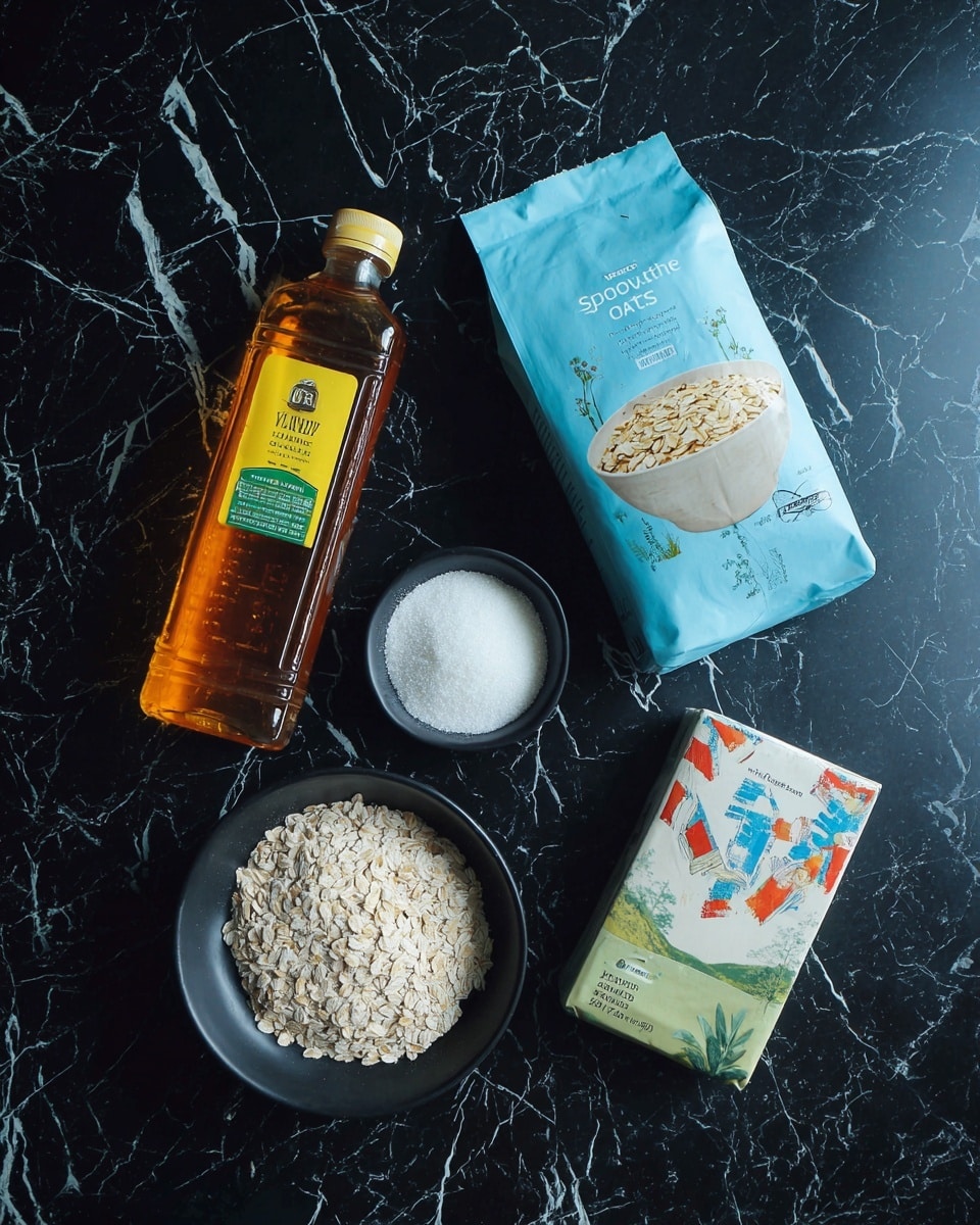 The image shows five ingredients arranged on a dark surface now changed to a white marbled texture: a clear plastic bottle of amber-colored honey with a green and yellow label on the left; a small black bowl filled with white sugar next to it; in the center, a light blue bag of Scottish porridge oats with an illustration of a bowl of oats on the front; to the right, a rectangular white butter box with blue, red, and yellow design elements; and below the butter, a beige package of light brown soft cane sugar with a green bottom edge. The items are spaced evenly and photographed from above, photo taken with an iphone --ar 4:5 --v 7