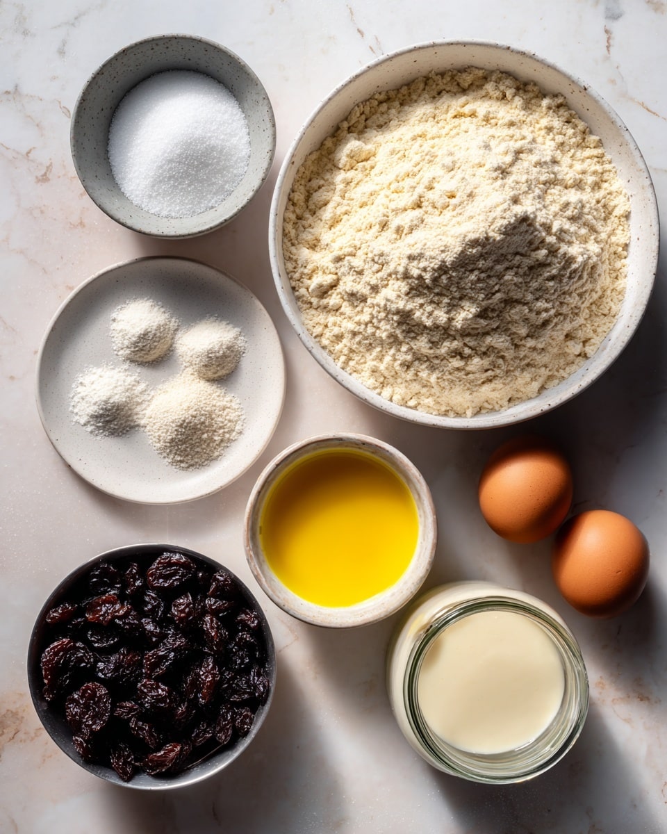 The image shows seven bowls and two eggs arranged on a white marbled surface. In the top right, a large white bowl is full of light beige flour with a slightly crumbly texture. To the left of it, a gray bowl holds fine white sugar. Below, a small white plate has three small piles of white powdery ingredients. Next to that is a small white bowl with a bright yellow liquid, smooth in texture. Below and to the right, a shiny silver bowl is filled with dark, wrinkled raisins. To its right, a clear glass jar contains a creamy white substance. Two brown eggs sit on the surface near the sugar bowl. The photo has natural light and a top-down view. photo taken with an iphone --ar 4:5 --v 7