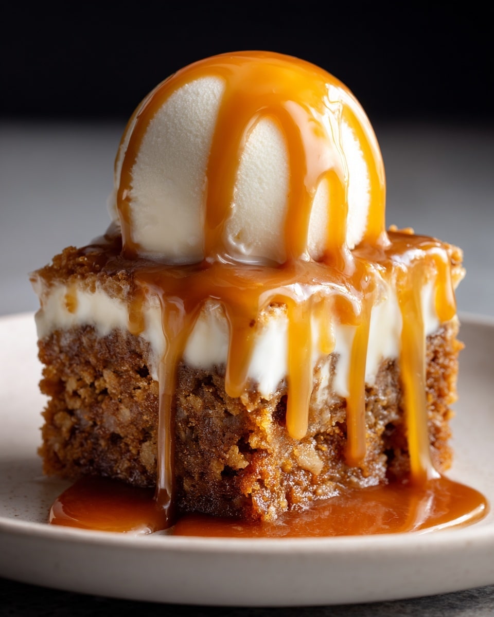 A square slice of moist, light brown cake with a coarse crumb texture is lifted above a white baking dish filled with more of the same cake. The top layer of the slice is covered with a thick, shiny caramel sauce that drips down the sides in rich golden-brown streams. The background is a soft dark blur, and the surface beneath the baking dish is white marble. Photo taken with an iphone --ar 4:5 --v 7