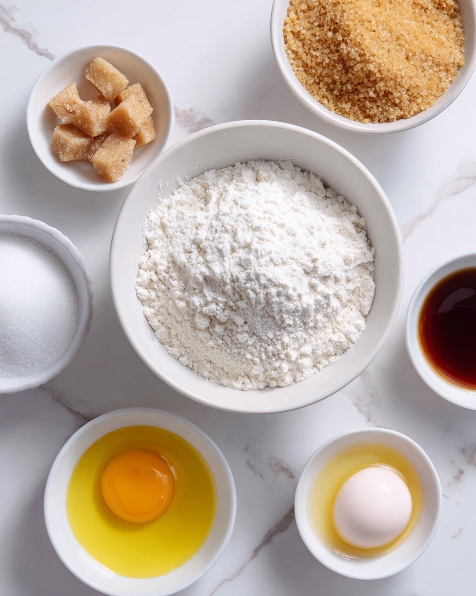 The image shows a white bowl in the center filled with white flour and some powder on top. Around this bowl are five small white bowls arranged in a loose circle. One bowl contains light brown sugar chunks, another has a thick brown liquid, a third is filled with white granulated sugar, a fourth contains bright yellow melted butter, and the last holds an egg yolk with a clear egg white surrounding it. The scene is set on a white marbled surface, giving a clean and bright look. A woman's hand is not shown but implied by the careful arrangement of the bowls. photo taken with an iphone --ar 4:5 --v 7