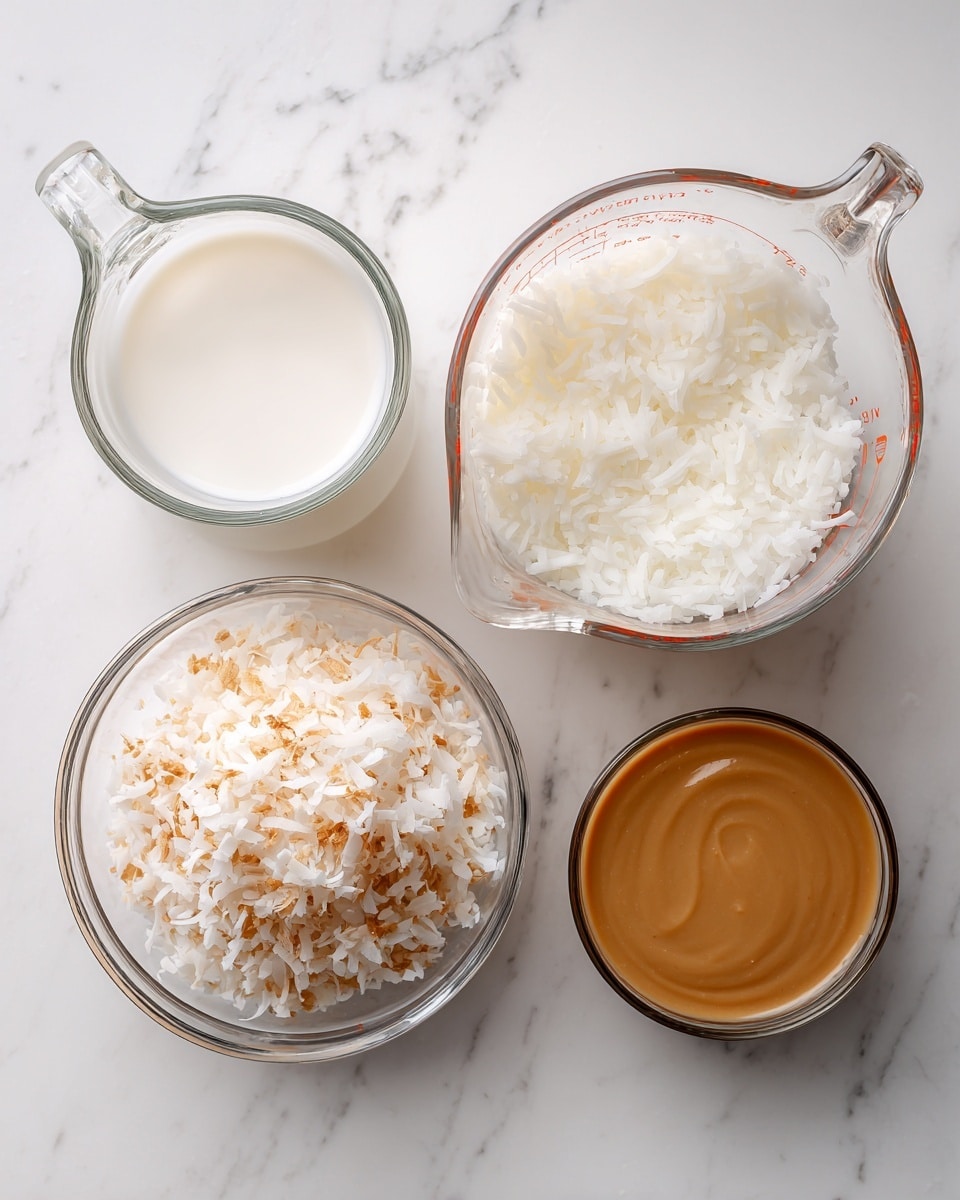 The image shows four clear glass containers on a white marbled surface. The top left container is a clear glass measuring cup filled with plain white milk. To the top right, there is a larger clear glass measuring cup filled with a thicker white liquid, likely cream. Below to the left, a clear glass bowl holds white shredded coconut with a light brown toasted color on some pieces. To the right of the coconut bowl, there is a small round container filled with a smooth, light brown creamy substance. The containers are arranged in a neat square-like layout. Photo taken with an iphone --ar 4:5 --v 7