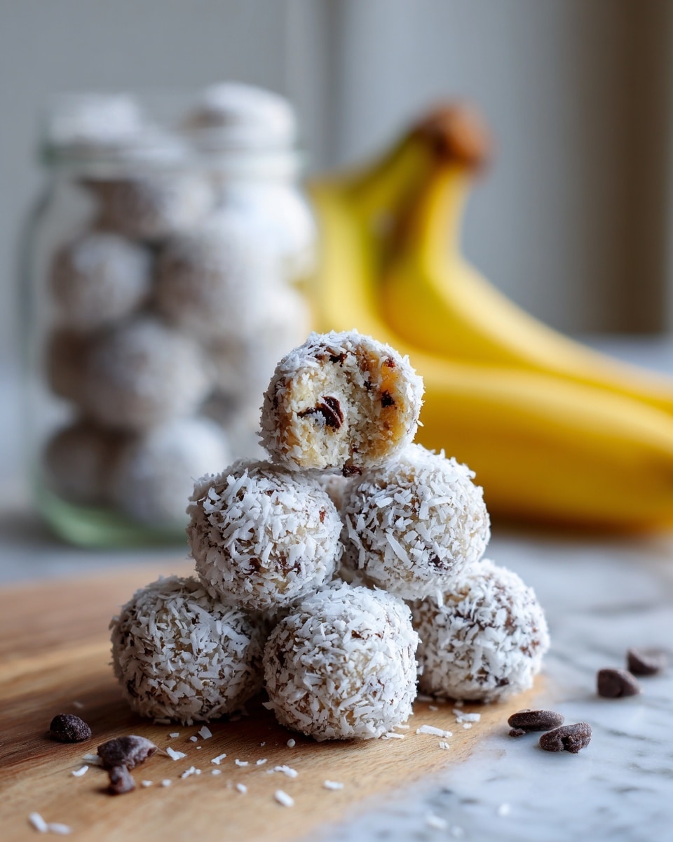 The image shows round snack balls covered in white coconut flakes. There are three stacked in the front: two balls at the bottom with a third on top that has a bite taken from it, revealing a dense, light brown inside with small dark bits. To the right, another ball sits on the wooden surface. In the background, a glass jar filled with more coconut-covered balls is visible. Small dark chips are scattered around the base. Behind the jar, a blurred bunch of yellow bananas appears. The whole scene is set on a wooden surface with a dark, blurred background. Photo taken with an iphone --ar 4:5 --v 7