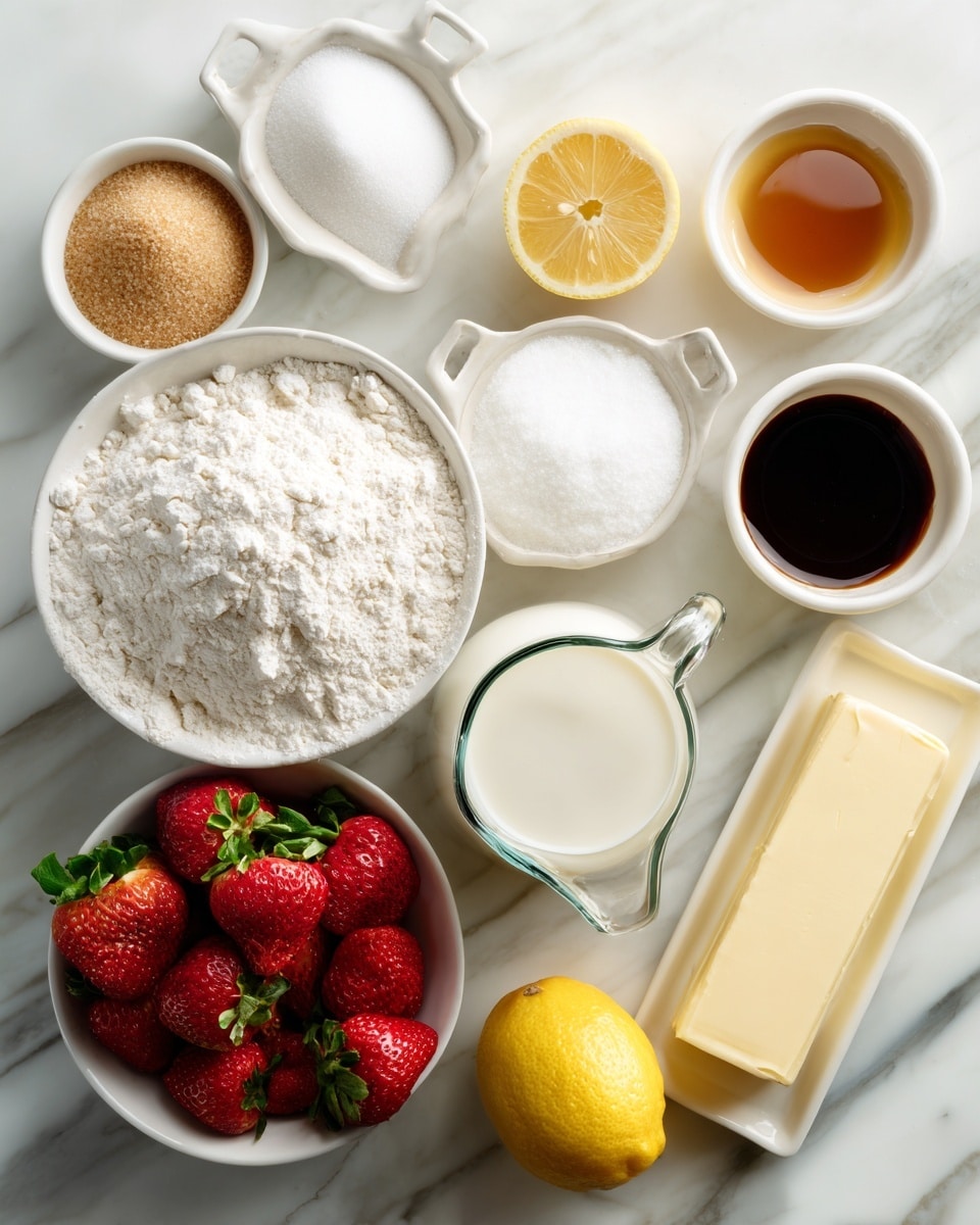 The image shows several white bowls and measuring cups arranged on a white marbled surface, each containing different cooking ingredients. In the center is a large white bowl filled with white flour. Surrounding this are smaller white containers with light brown sugar, granulated sugar, and a dark liquid syrup. There is also a white dish holding a rectangular stick of butter, a small bowl full of fresh red strawberries with green leaves, a bright yellow lemon, and a glass measuring cup filled with white milk, all neatly placed around the main bowl. Photo taken with an iphone --ar 4:5 --v 7