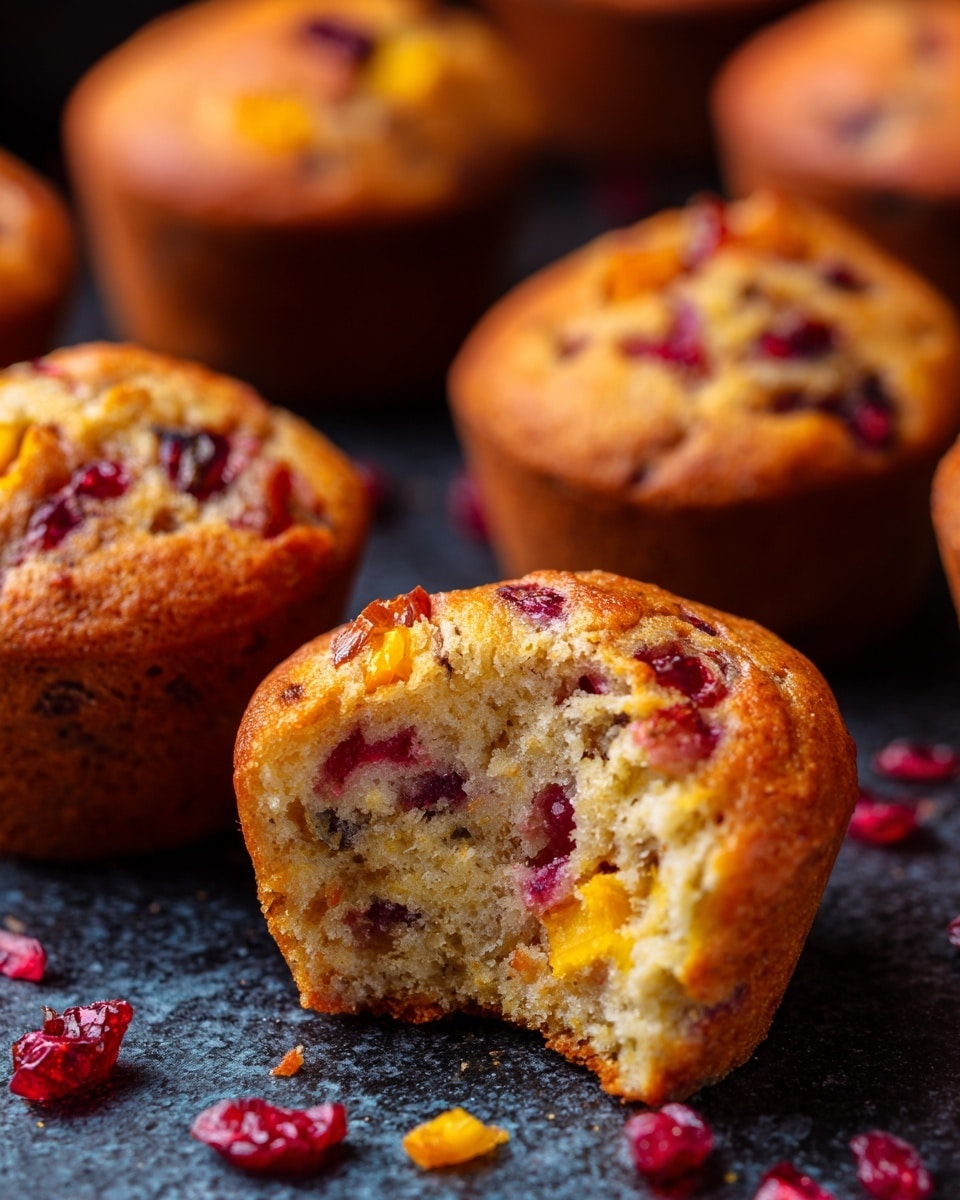 The image shows nine golden brown muffins cooling on a black metal rack placed on a white marbled surface. Each muffin has a smooth, slightly cracked top with small pieces of red fruit embedded irregularly on the surface, giving a dotted pattern. The muffins are in white paper cups that hug their sides, and they appear moist and fluffy. The arrangement is close together but not touching, viewed from a slightly above angle. Photo taken with an iphone --ar 4:5 --v 7