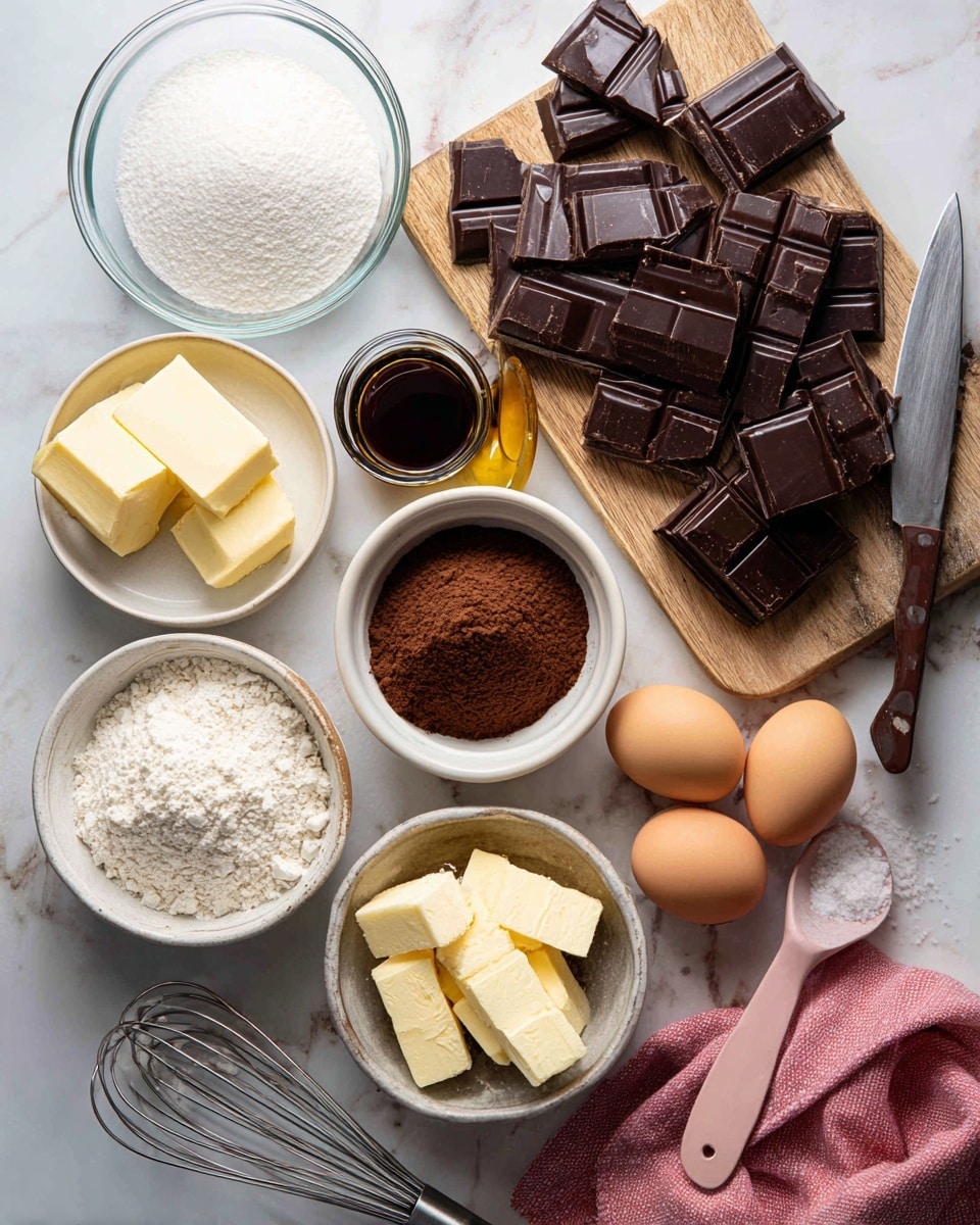The image shows baking ingredients neatly arranged on a white marbled surface. On the top right, a wooden cutting board holds large dark chocolate squares and pieces with a knife. To the left, there is a glass bowl filled with white sugar, next to a dark glass bottle of vanilla extract. Below, a clear glass bowl contains cocoa powder with a golden spoon inside. A white bowl filled with flour and a pink measuring spoon rests near the center right. Two sticks of unsalted butter lie side by side in the bottom left, with a small bowl of salt near them. A round glass bowl holds brown sugar next to two eggs. A metal whisk and a folded bright pink cloth are placed on the bottom right. Photo taken with an iphone --ar 4:5 --v 7