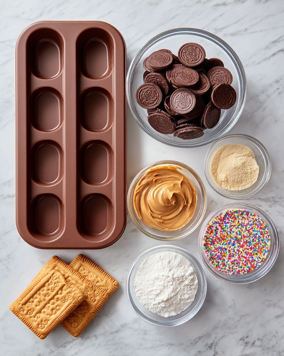 On a white marbled surface, there is a brown silicone mold with eight oval-shaped cavities on the left side. To the right, a clear glass bowl holds many dark brown chocolate discs stacked loosely. Below it, three smaller clear glass bowls show different contents: the left bowl contains smooth, light brown peanut butter, the middle bowl has a white powder, and the right bowl is filled with colorful rainbow sprinkles. Near the bottom left, two rectangular brown Lotus cookies rest flat. photo taken with an iphone --ar 4:5 --v 7