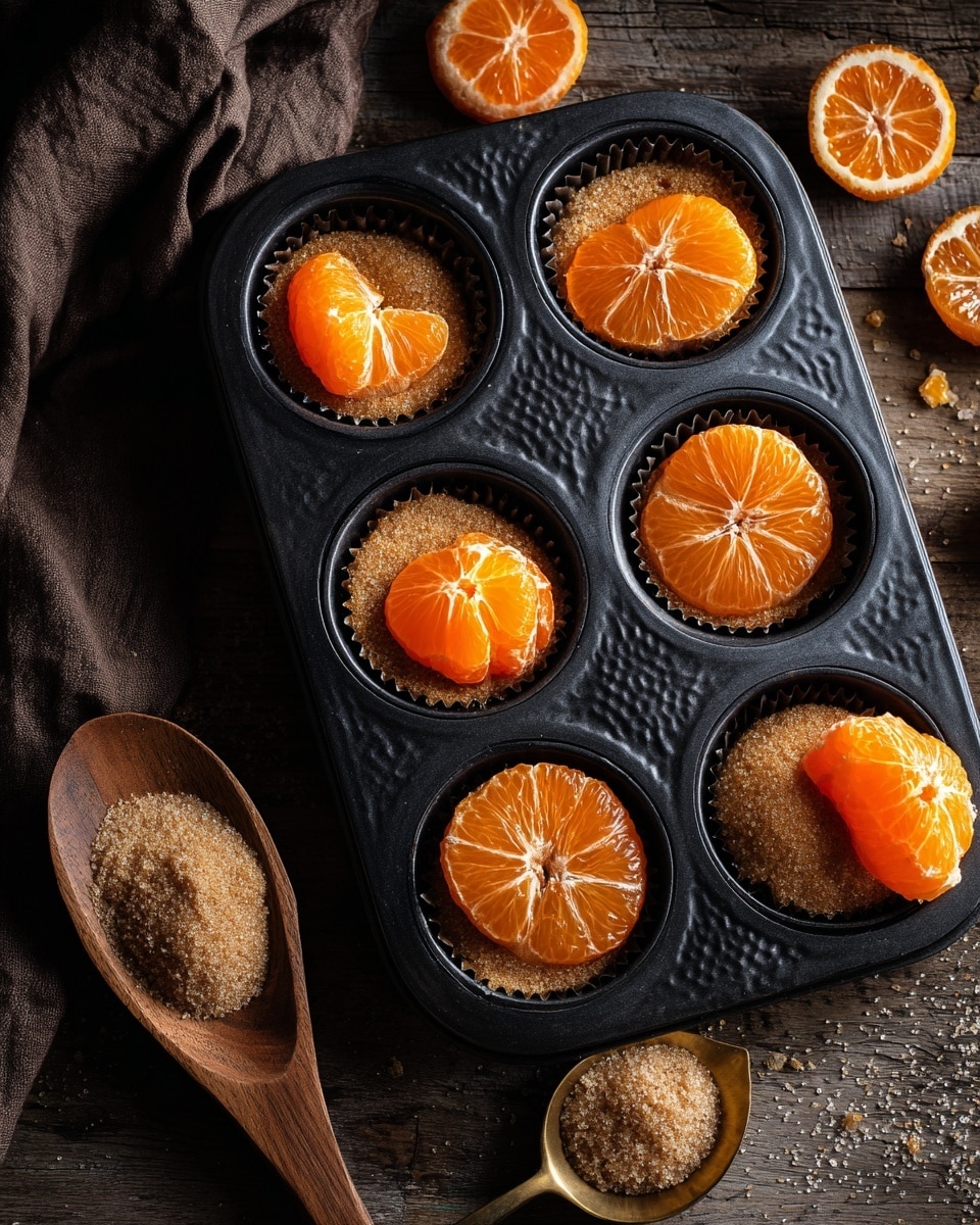 A black metal muffin tin with twelve compartments, where six compartments hold a flat layer of light brown sugar at the bottom, and the other six compartments each contain a bright orange slice of mandarin evenly placed on top of the sugar or by itself, showing the vibrant texture and details of the fruit segments. The muffin tin is on a rustic wooden table scattered with some brown sugar, with a brass and wooden spoon nearby also filled with brown sugar. The scene is lit softly, highlighting the shine of the mandarin slices and the contrast between the dark tin and the table. photo taken with an iphone --ar 4:5 --v 7