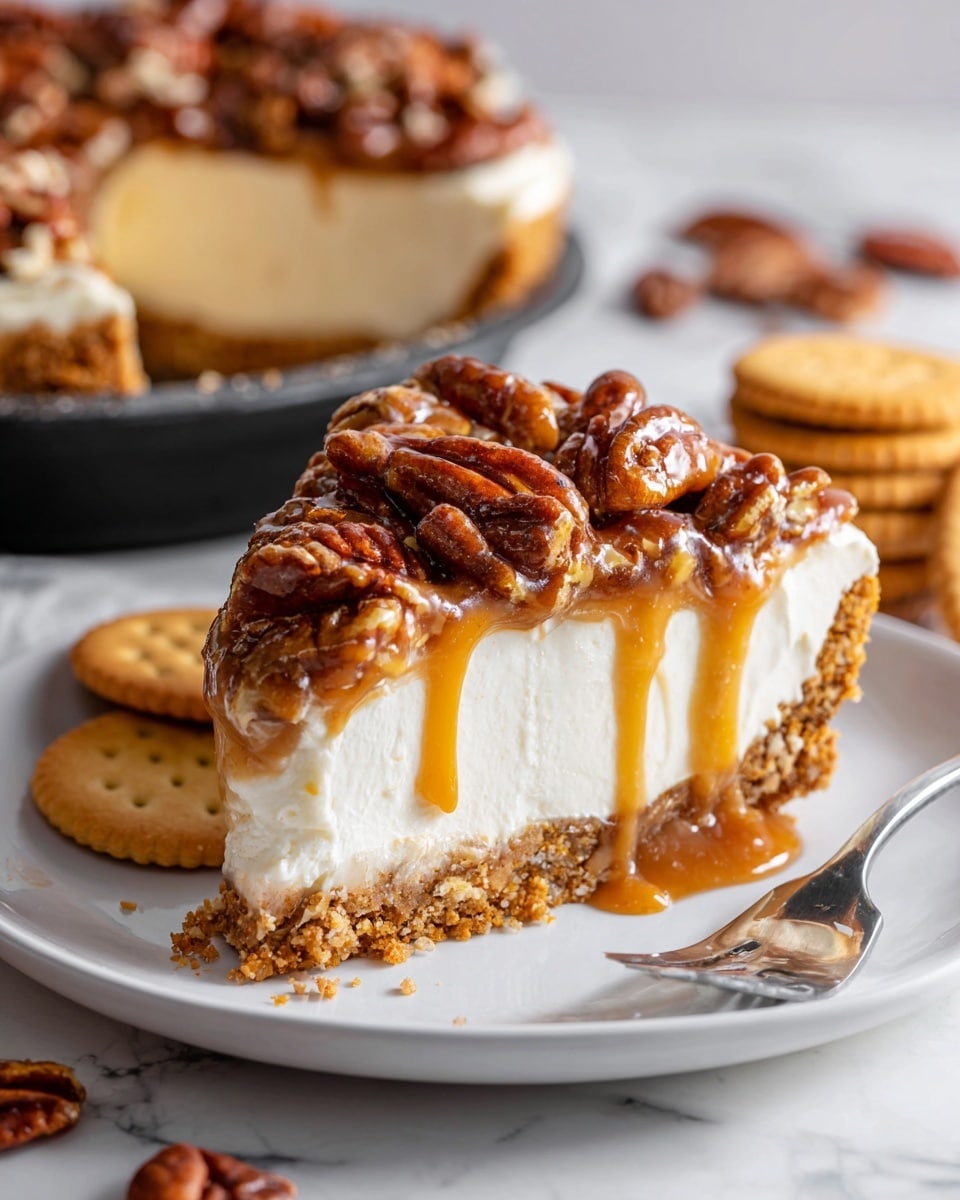 The image shows a slice of creamy pie on a white plate with green speckles. The pie has three layers: a thick light brown crumb crust at the bottom, a thick white creamy filling in the middle, and a top layer of sticky golden caramel with whole pecans scattered all over. In the background, the rest of the pie sits on a dark board, with one slice missing and the same three layers visible. The plate and pie are set on a white marbled surface with some pecans and round crackers blurred in the back. A silver fork lies next to the pie slice. Photo taken with an iphone --ar 4:5 --v 7