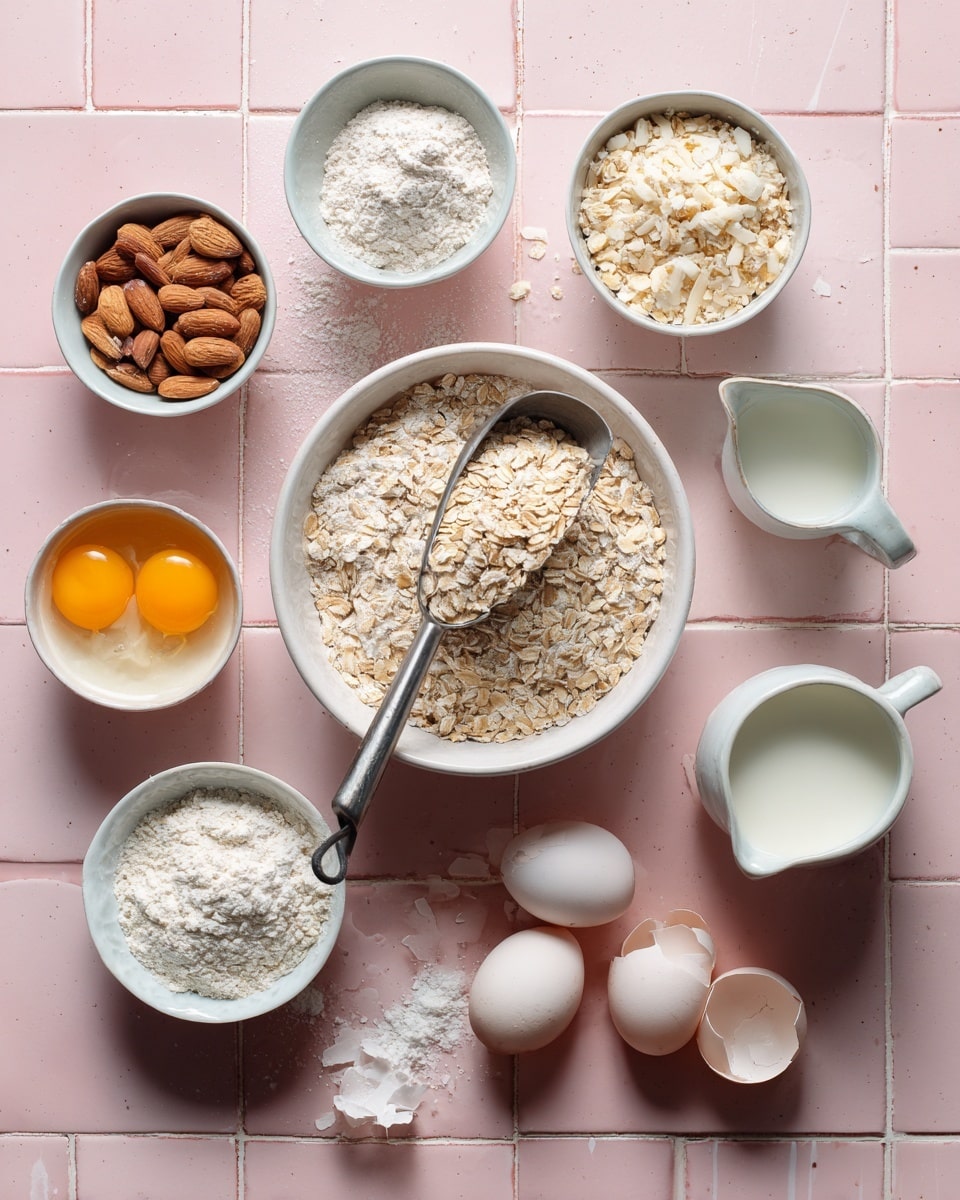 Top view of different ingredients in white bowls placed on a pink tiled surface. The largest bowl is filled with light beige rolled oats with a metal scoop resting on top. Around it, there are smaller white bowls containing pale yellow almond flour, white powdered sugar with a sifter, sliced brown and white almonds, white flour, two cracked eggs with bright yellow yolks, white liquid milk or cream in a small jug, and a small bowl with light brown liquid, possibly vanilla. Empty bowls and eggshells are placed nearby. photo taken with an iphone --ar 4:5 --v 7