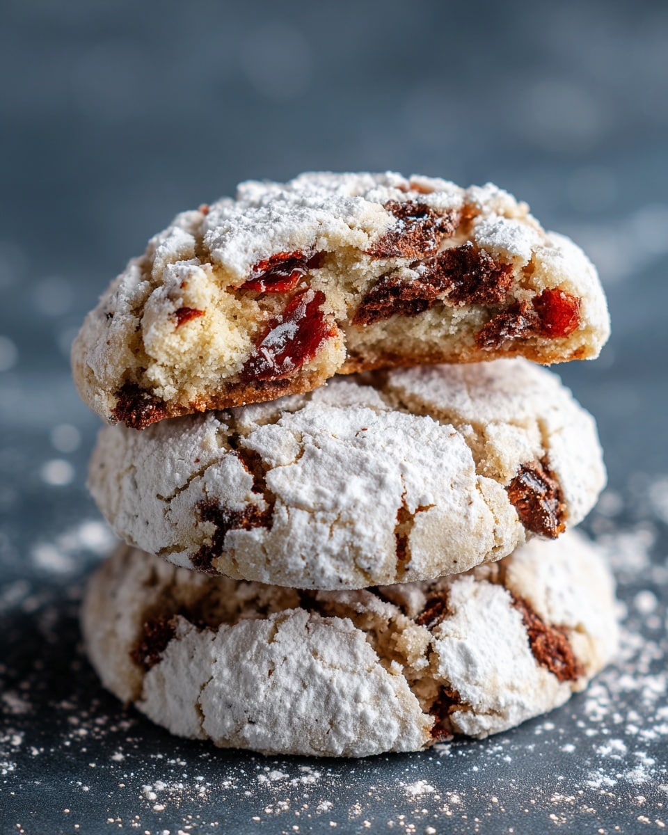 The image shows a stack of three round cookies with a cracked surface, dusted heavily with white powdered sugar. The cookies are dark brown inside the cracks, and the powdered sugar makes a rough, uneven texture on top. In the background, more cookies are slightly blurred, and dried red berries are scattered around the base of the stack. The scene is set on a white marbled surface with a dark, soft-focus background. Photo taken with an iphone --ar 4:5 --v 7