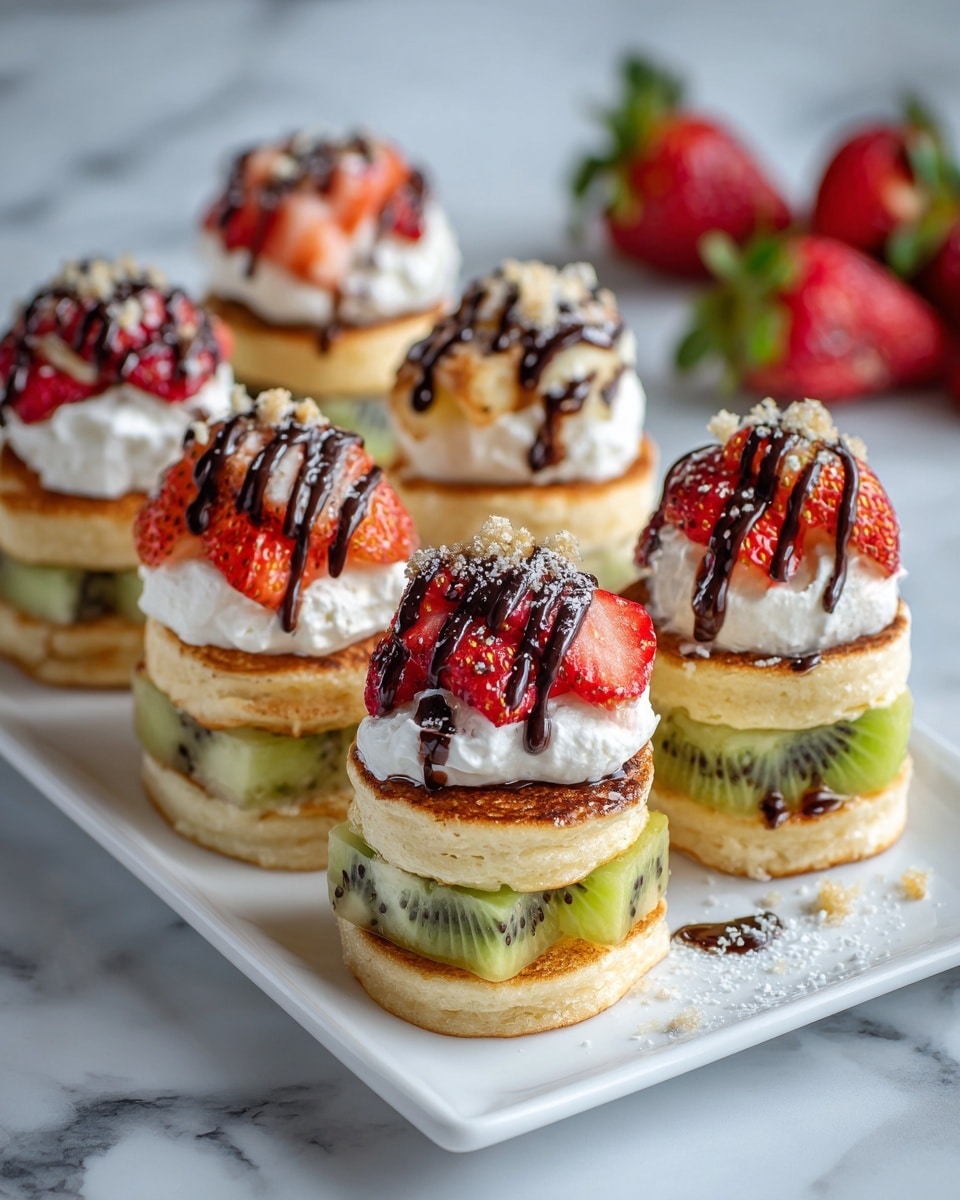 This image shows two rows of small layered pancake stacks on a white rectangular plate placed on a white marbled surface. Each stack has three layers of light golden pancakes. Between the pancake layers, there are white creamy layers and pieces of fresh fruit including green kiwi slices and red strawberry chunks. Some stacks have a drizzle of dark chocolate sauce on top and also small crumbly bits sprinkled over. In the background, whole strawberries and halved kiwis are scattered around, adding a colorful touch. photo taken with an iphone --ar 4:5 --v 7