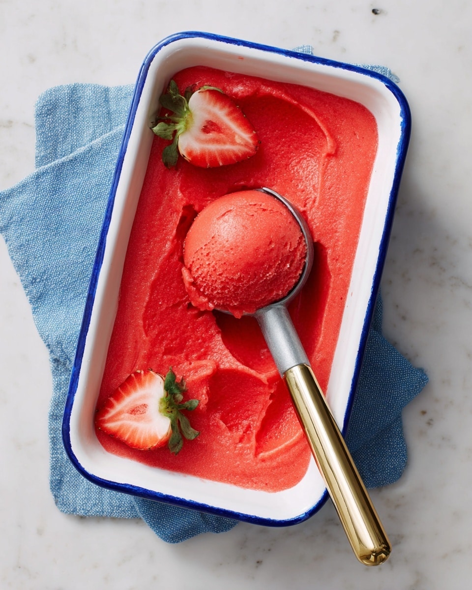 A white tray with a blue rim filled with a bright red strawberry sorbet, smooth but slightly icy in texture, a round scoop of the sorbet lifted by an old-fashioned metal ice cream scooper. At the top edge of the tray, two halves of a fresh strawberry with green leaves are placed side by side. The tray is set on a blue cloth over a white marbled surface. Photo taken with an iphone --ar 4:5 --v 7